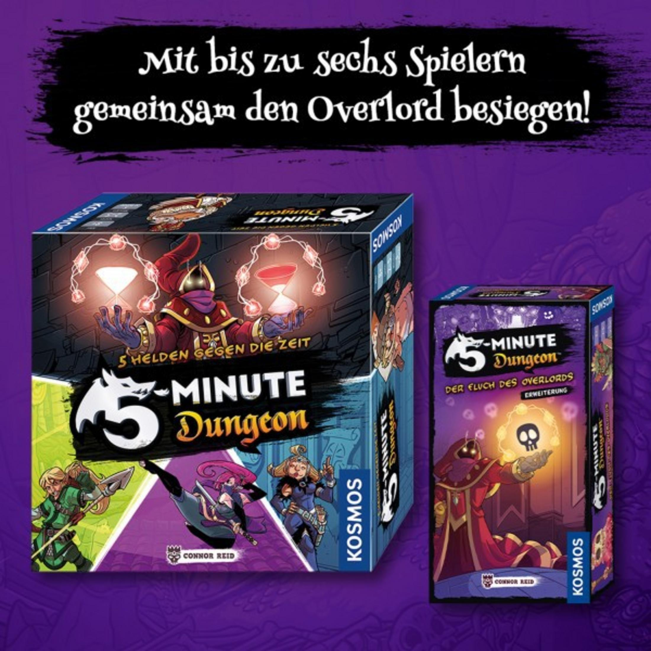 Zwei Schachteln eines Brettspiels mit Illustrationen von Charakteren und Text. Der Hintergrund ist lila und schwarz.