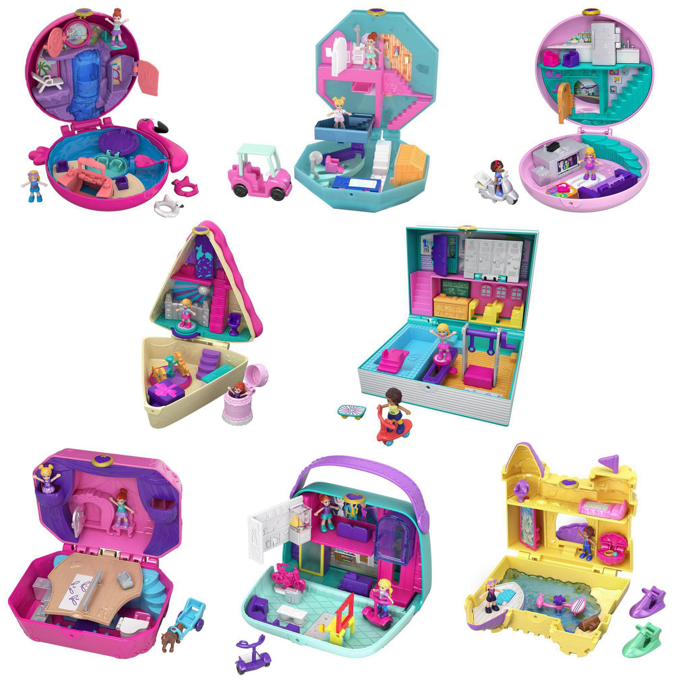 Conjuntos de Polly Pocket en varias formas, con figuras en miniatura y entornos de juego. Diferentes colores y diseños.