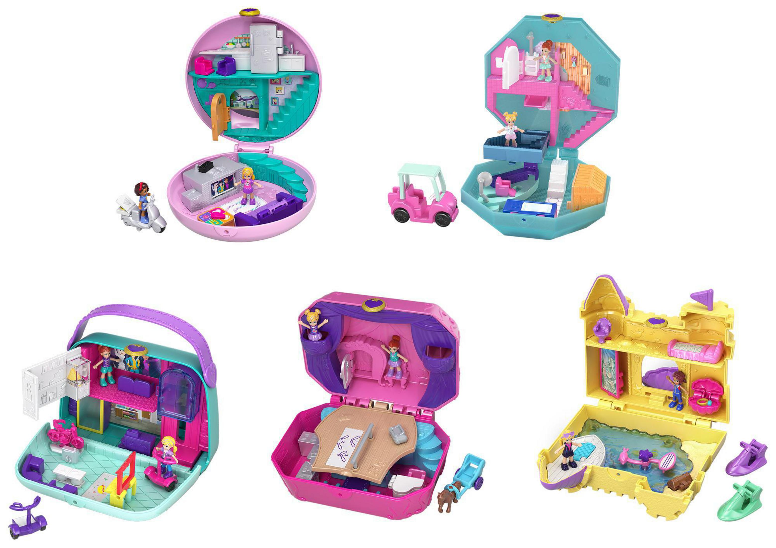 Seis sets de Polly Pocket abiertos, mostrando diferentes escenas y personajes en varios colores.