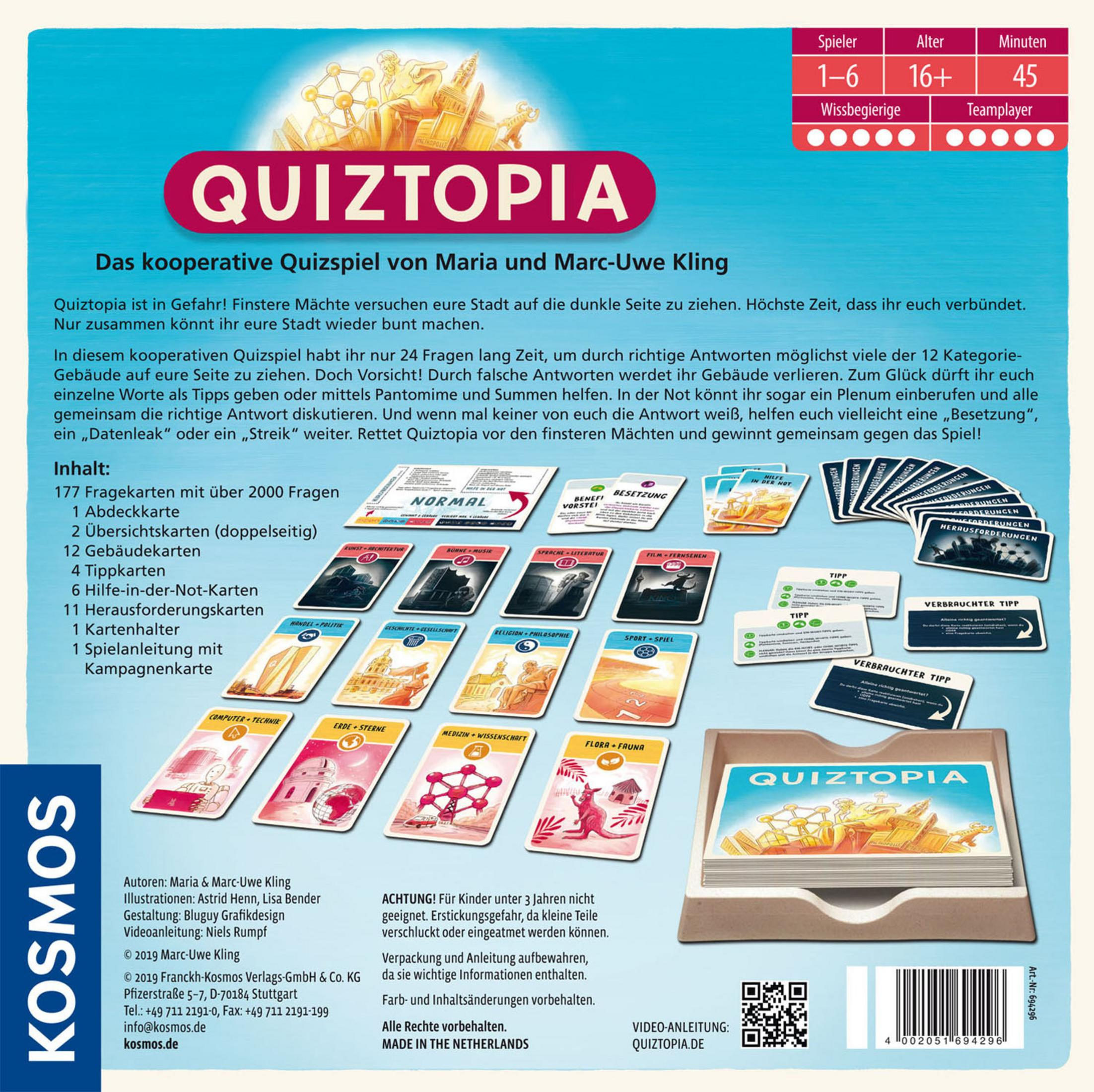 Quiztopia-Brettspielbox. Karten, Würfel und ein Spielbrett sind sichtbar.