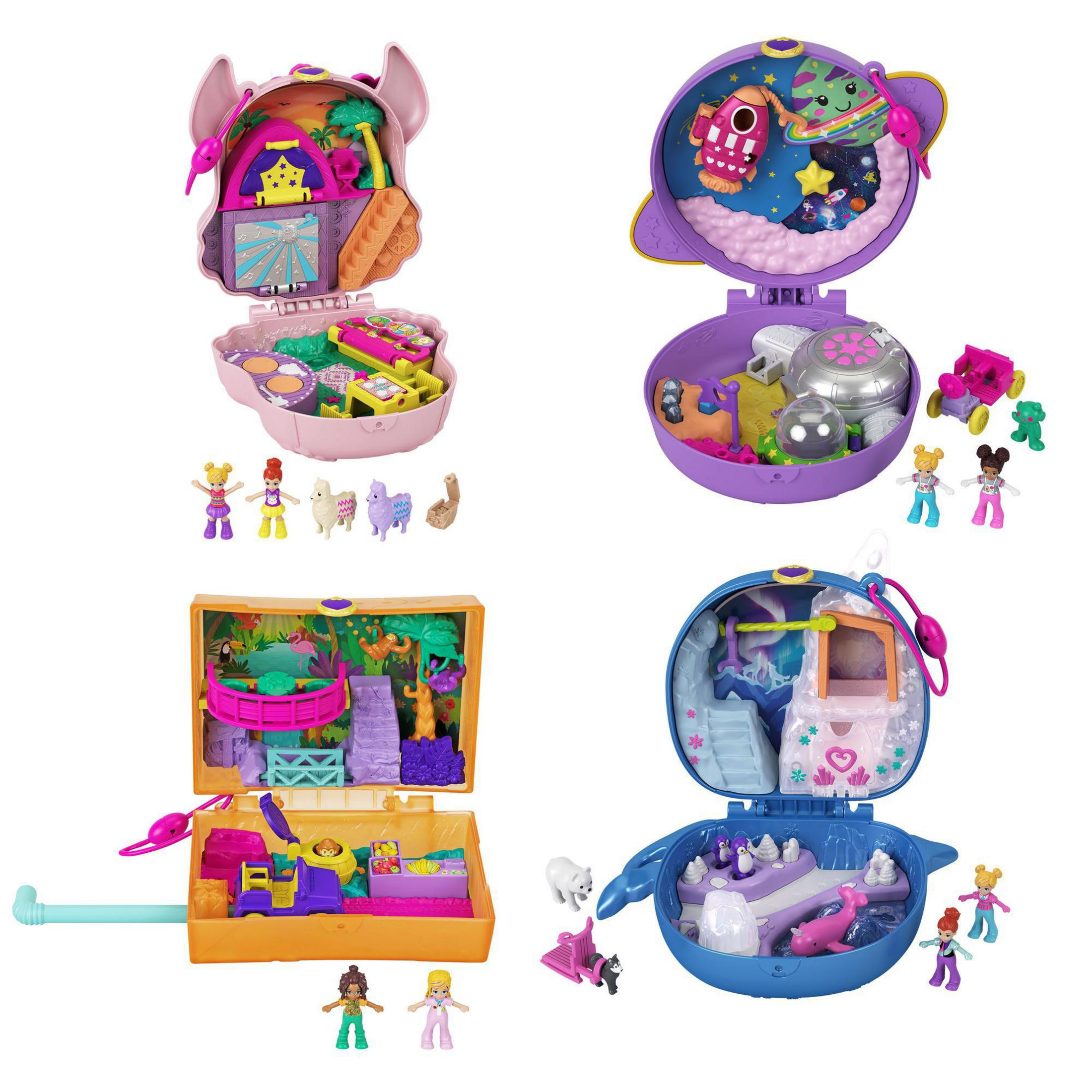 Cuatro sets de juego Polly Pocket diferentes, cada uno abierto para revelar escenas y figuras en miniatura.