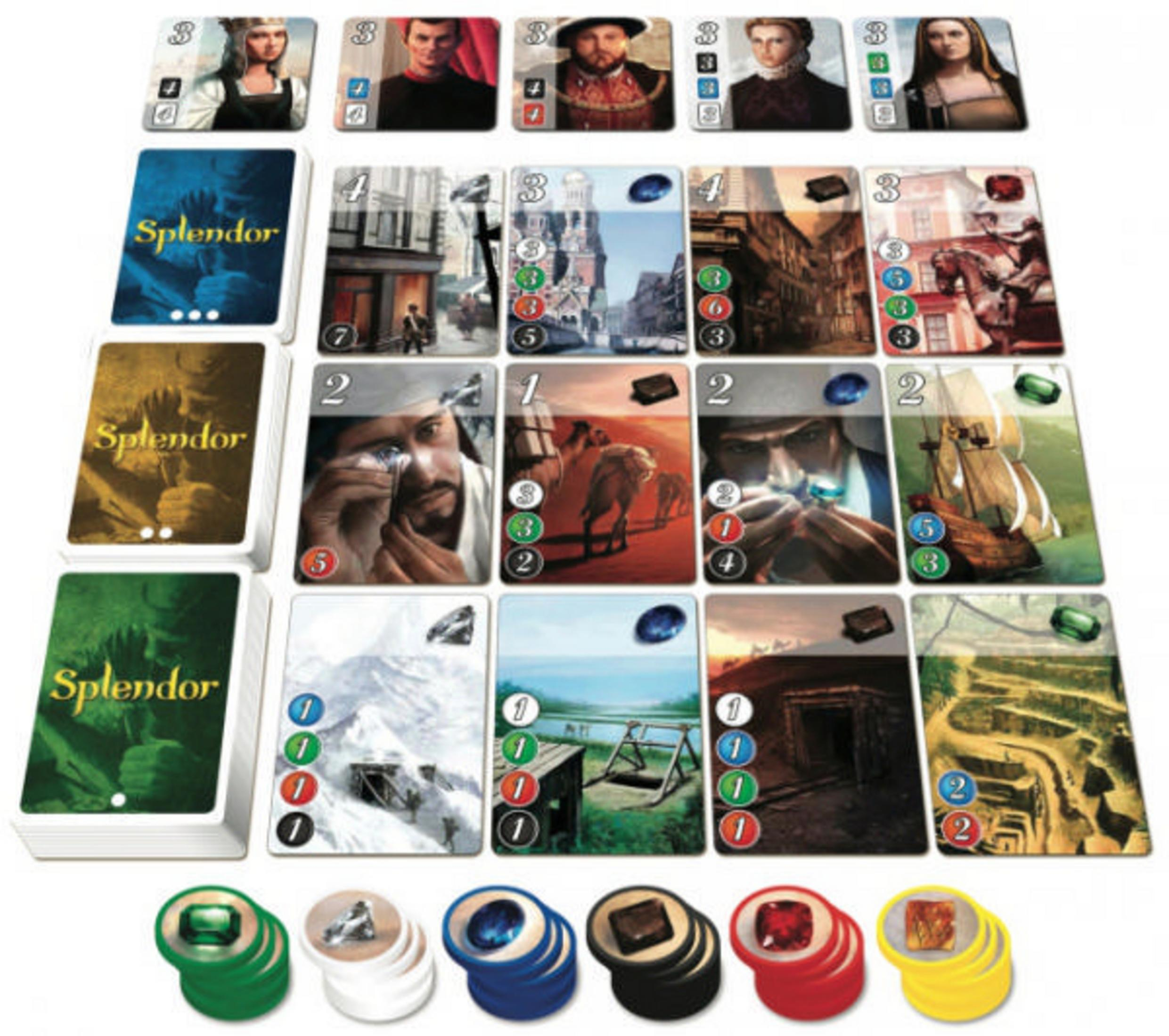 Brettspiel mit Karten und Spielsteinen. Die Karten zeigen verschiedene Szenen und Ressourcen.