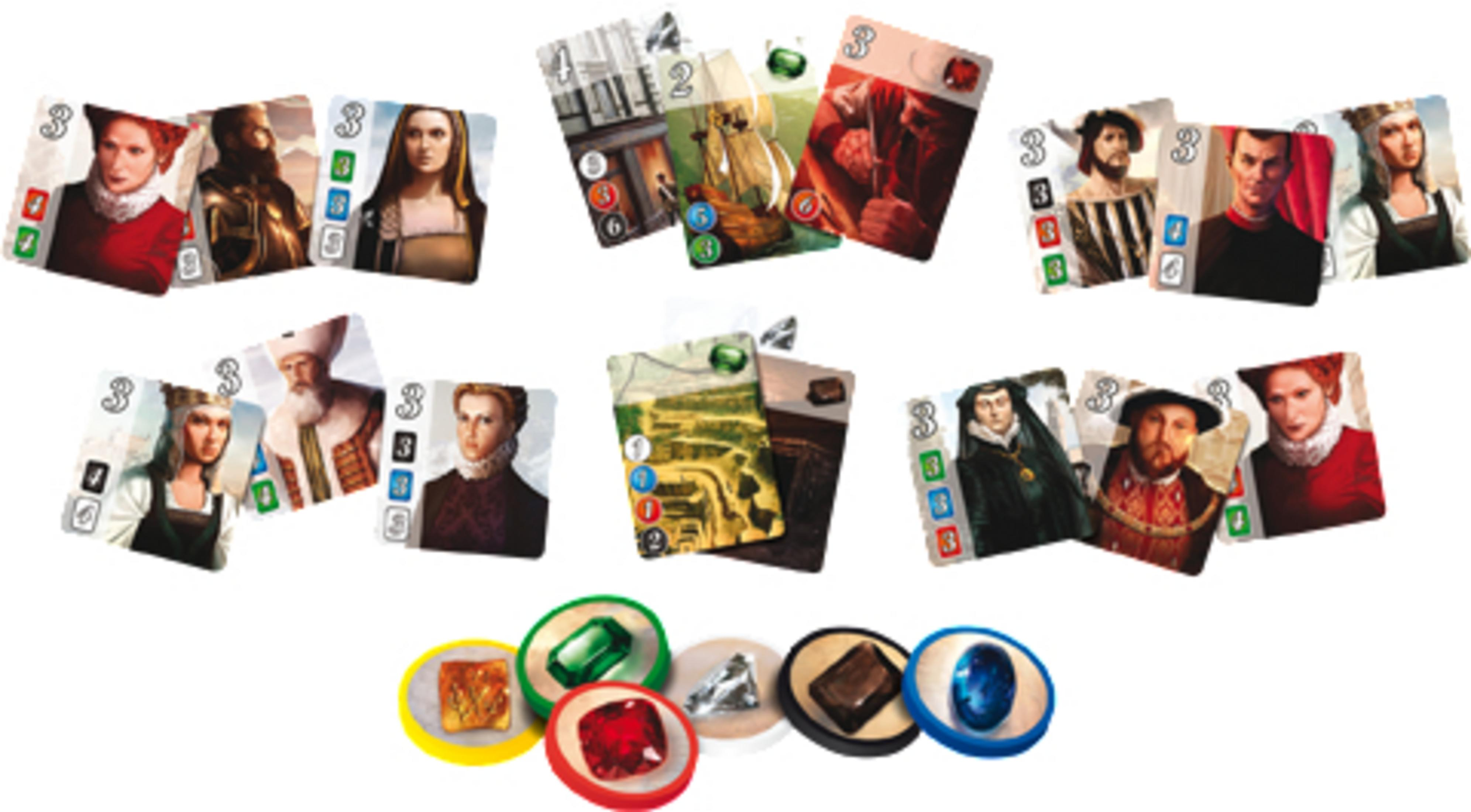 Eine Sammlung von Spielkarten und -marken mit Bildern von Menschen und Edelsteinen.