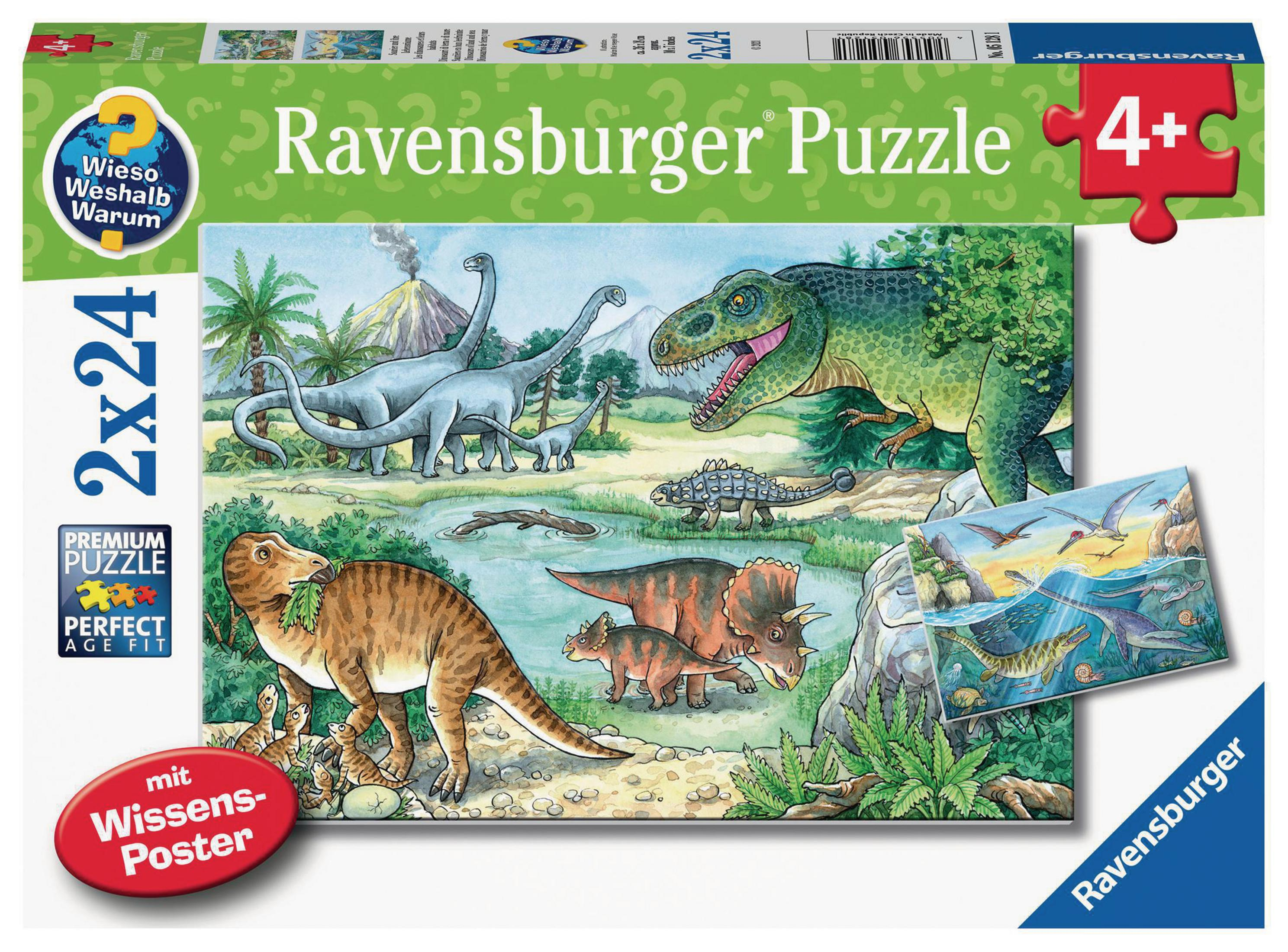 Puzzle Ravensburger con dinosauri, vulcano e paesaggio preistorico.