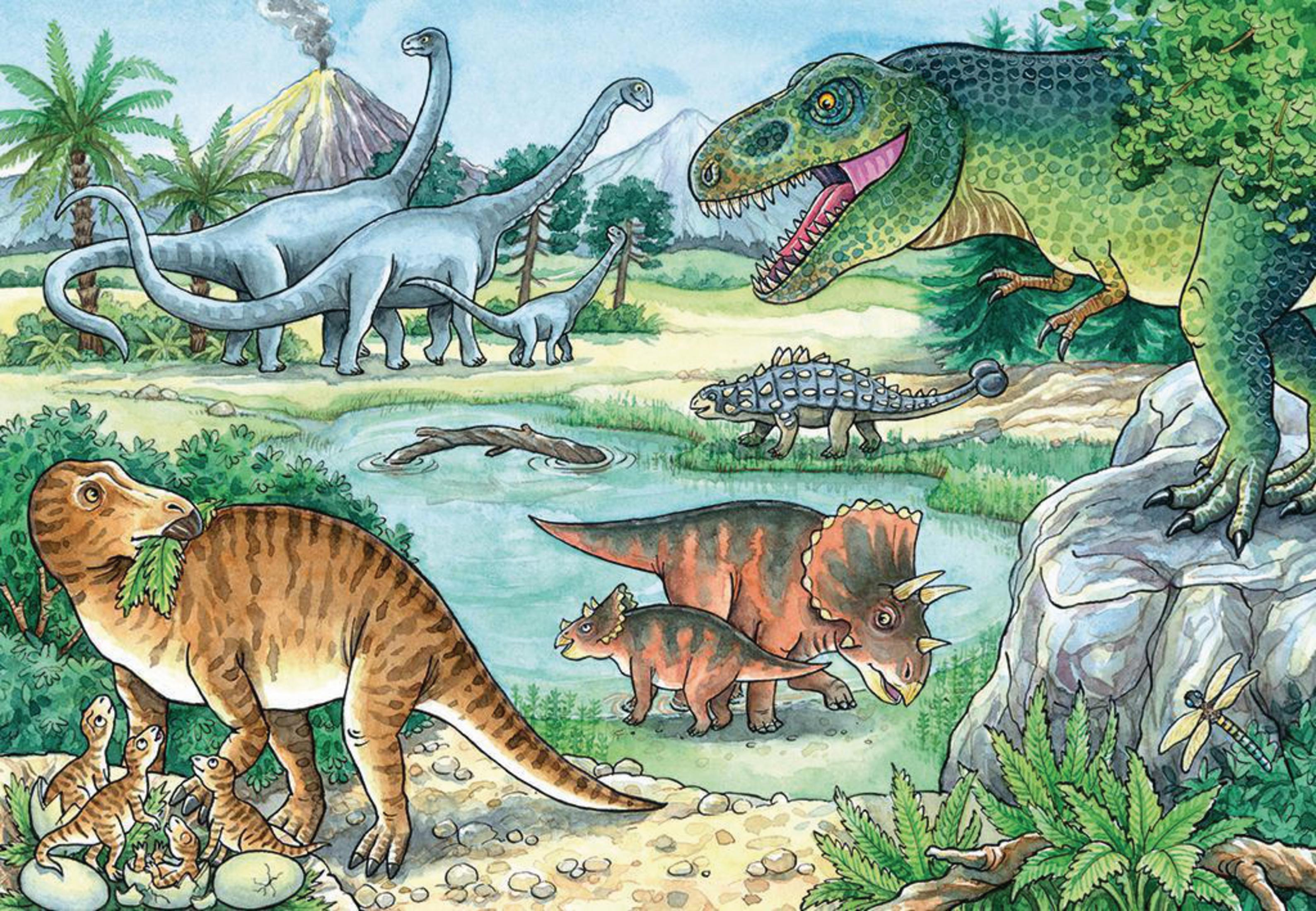 Illustrazione di dinosauri in un paesaggio preistorico con un vulcano.