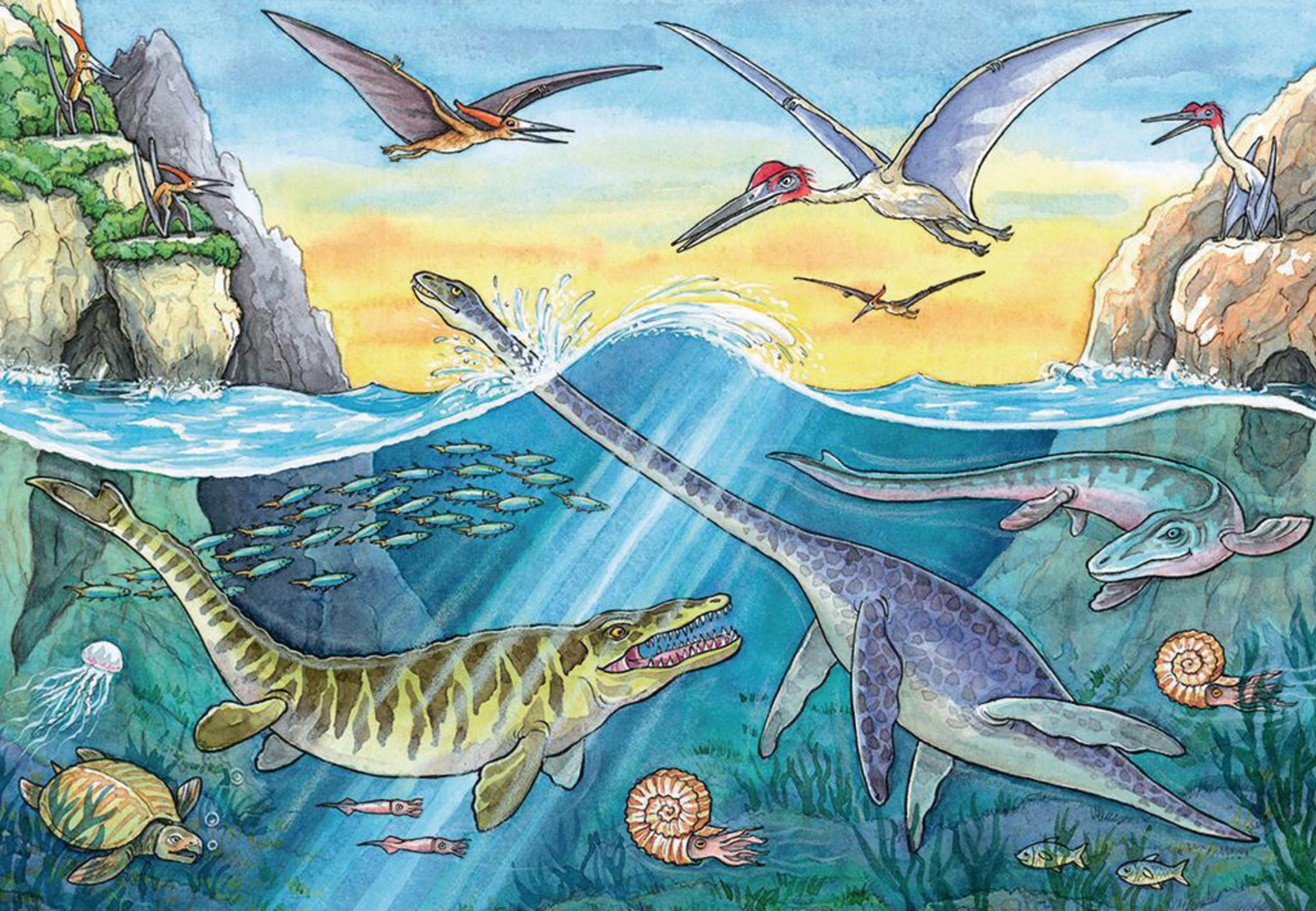 Pterosauri volano sopra un oceano preistorico con rettili marini e pesci.