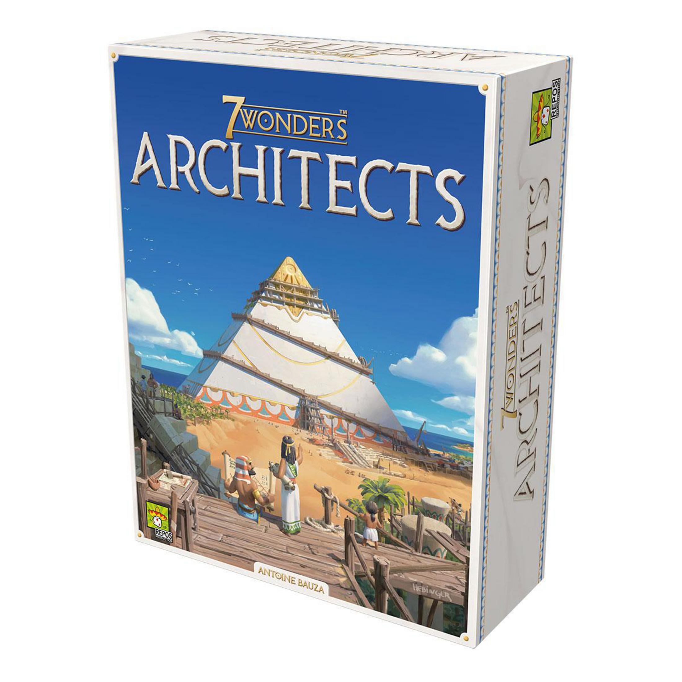 Pudełko gry '7 Wonders Architects', z piramidą i postaciami.