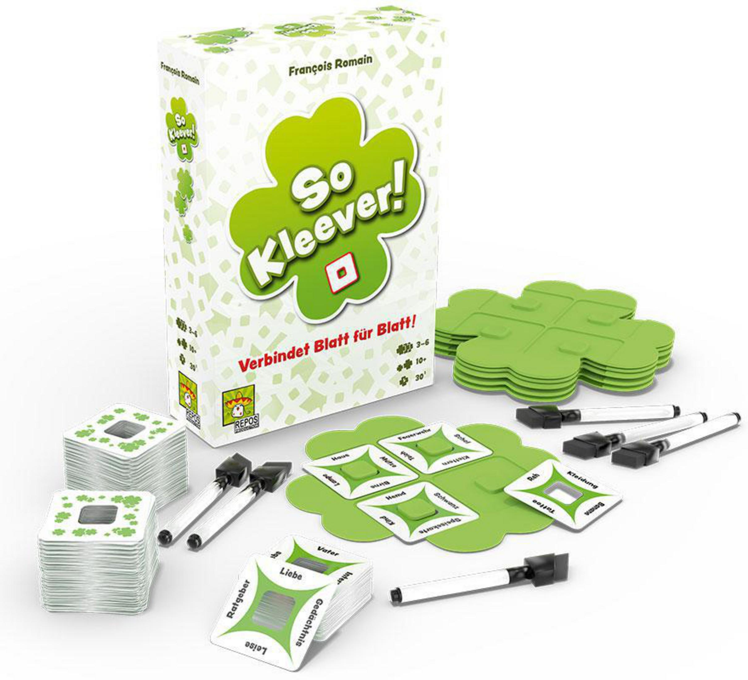So Kleever! Brettspielbox und Komponenten, einschließlich Karten und Marker.
