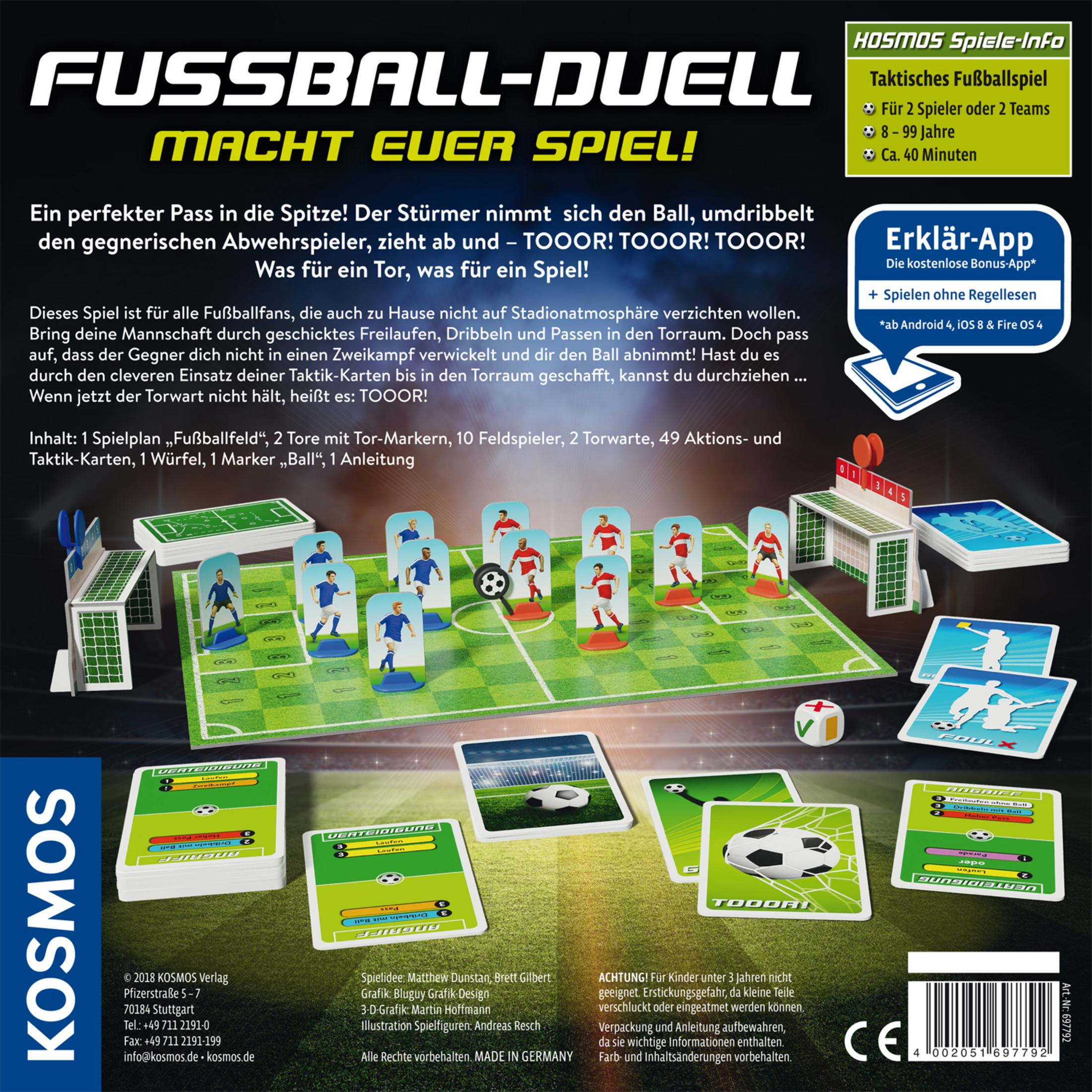 Fussball-Duell-Brettspielbox mit Spielkomponenten und einem Fußballfeld-Design.