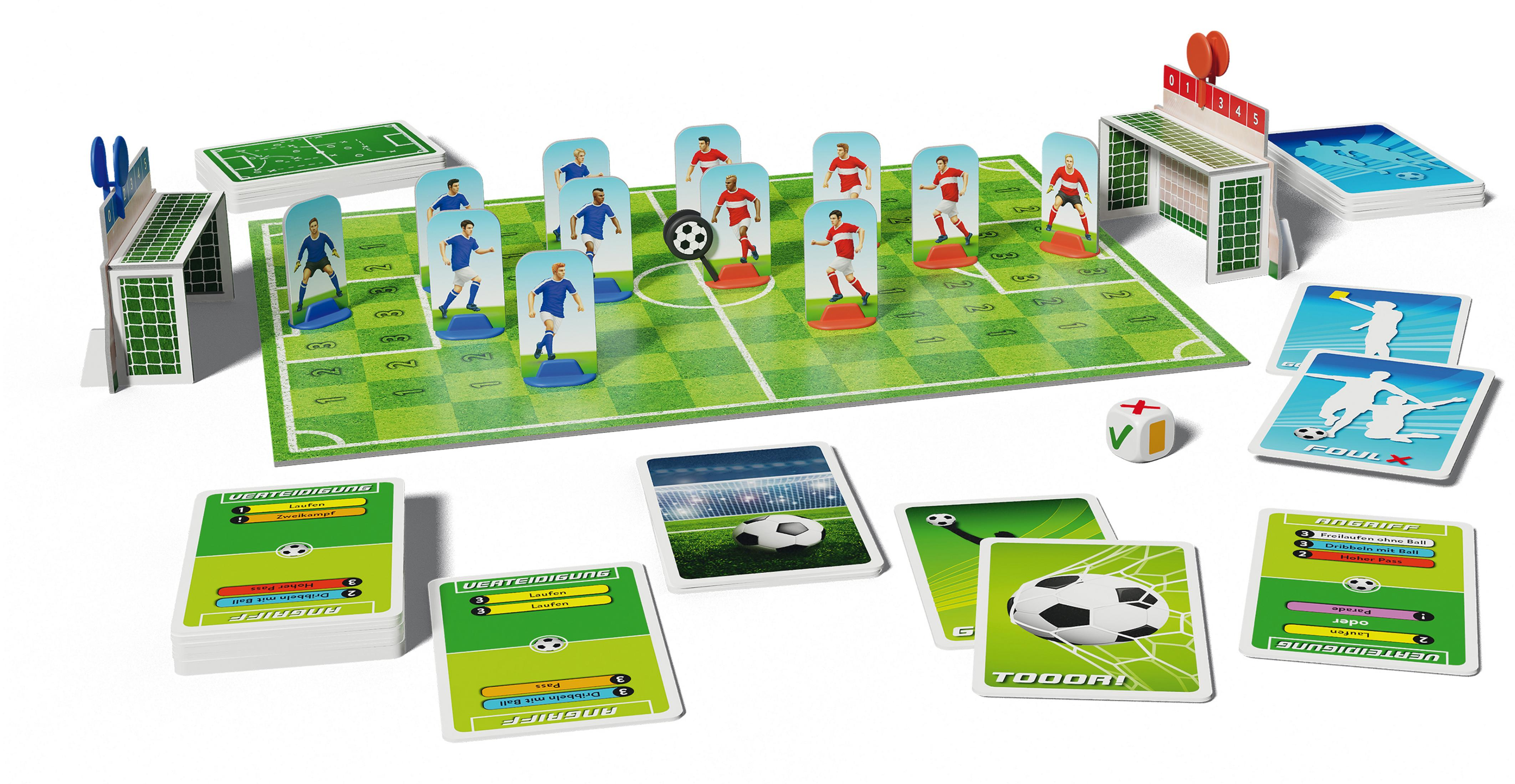 Fußball-Brettspiel mit Spielern, Tor, Karten und Würfeln.