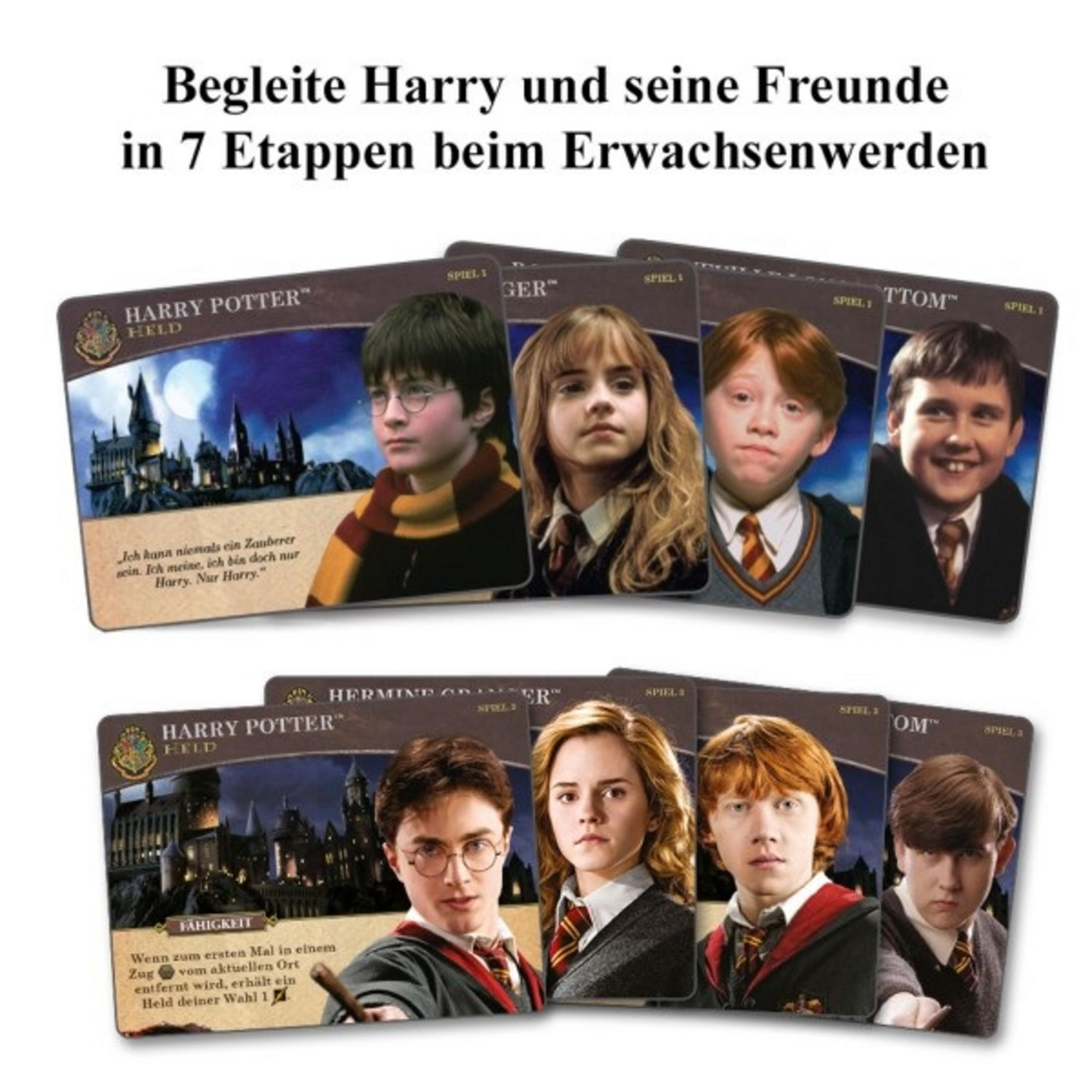 Gra karciana Harry Potter. Postacie Harry, Hermiona, Ron i Neville. Karty pokazują sceny i twarze.