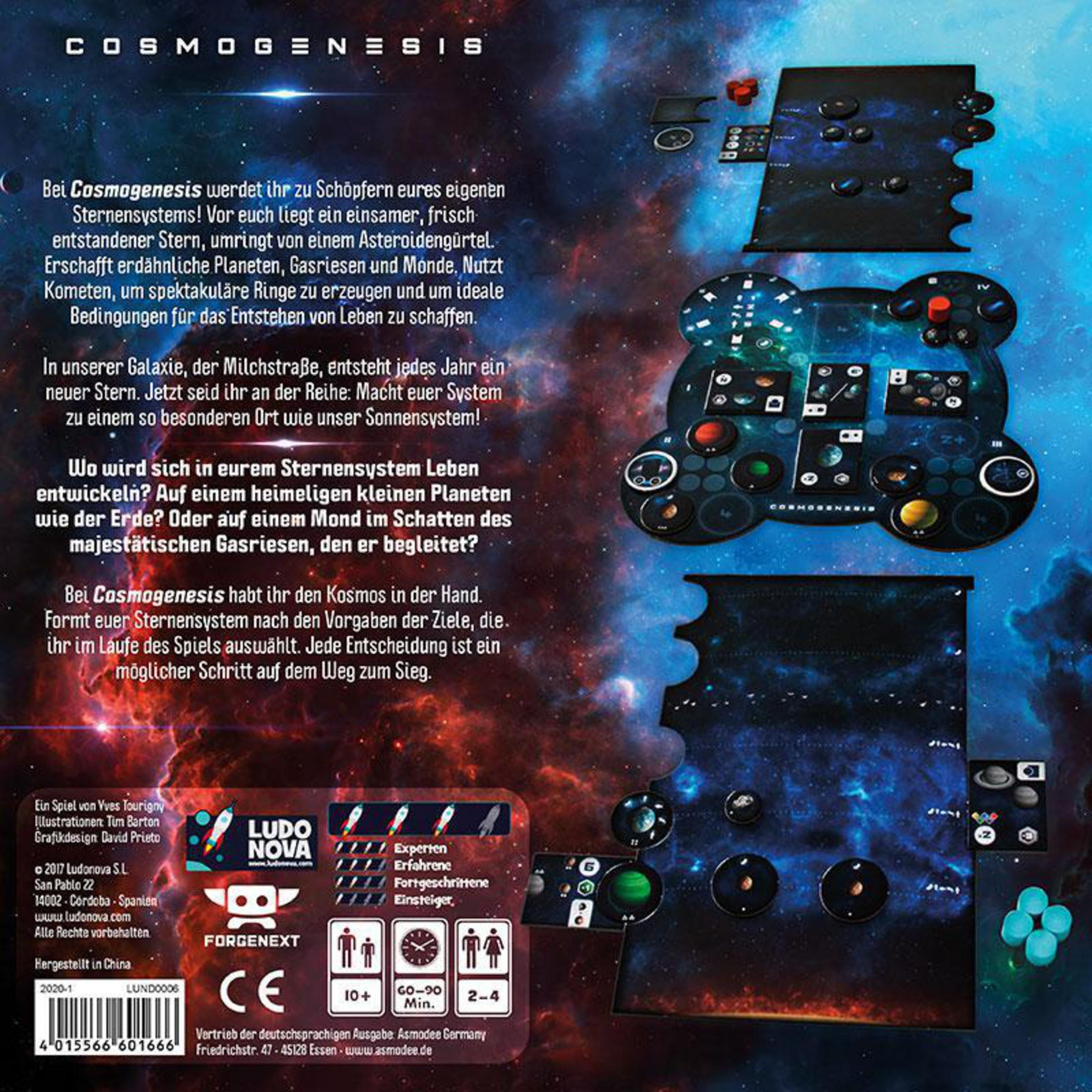 Spielbox mit Titel COSMOGENESIS, Spielbrett und Spielsteine werden gezeigt.