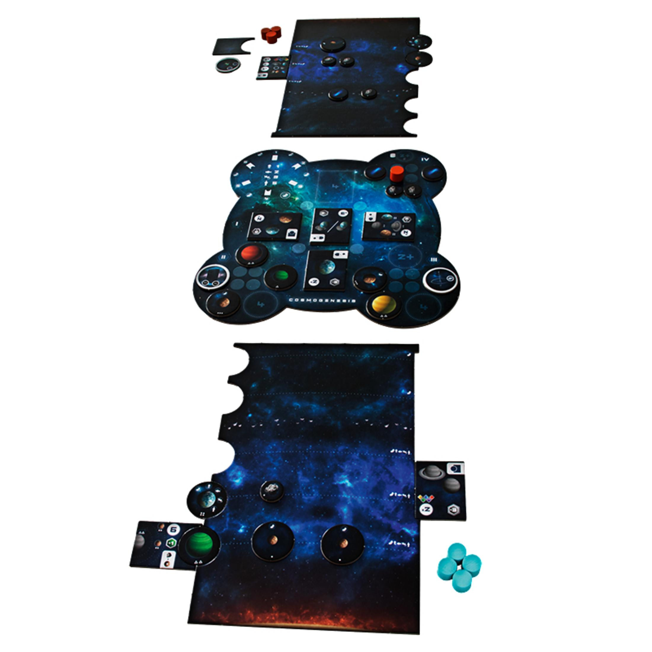 Cosmodrome-Brettspielkomponenten. Mehrere Spielbrettteile, Spielsteine und Karten mit Weltraumthema.