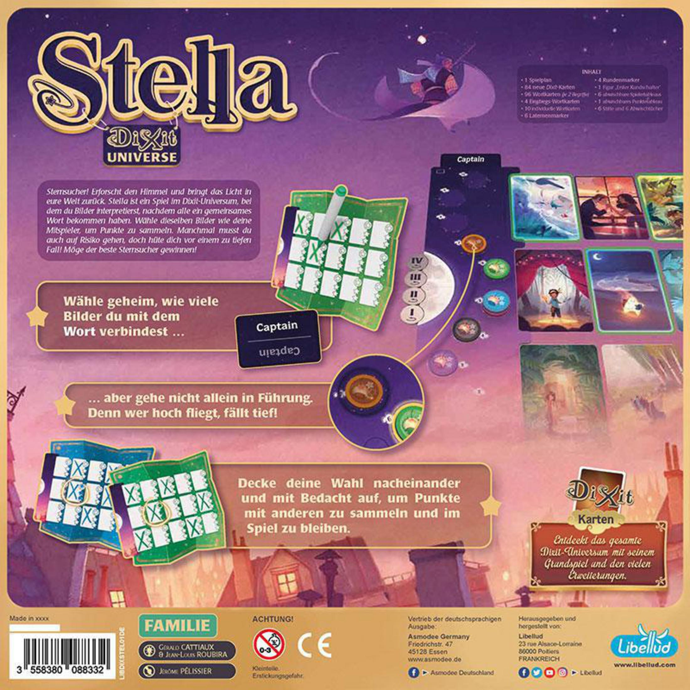Die Rückseite einer Stella: Dixit Universe Brettspielbox. Bunte Illustrationen und Text.
