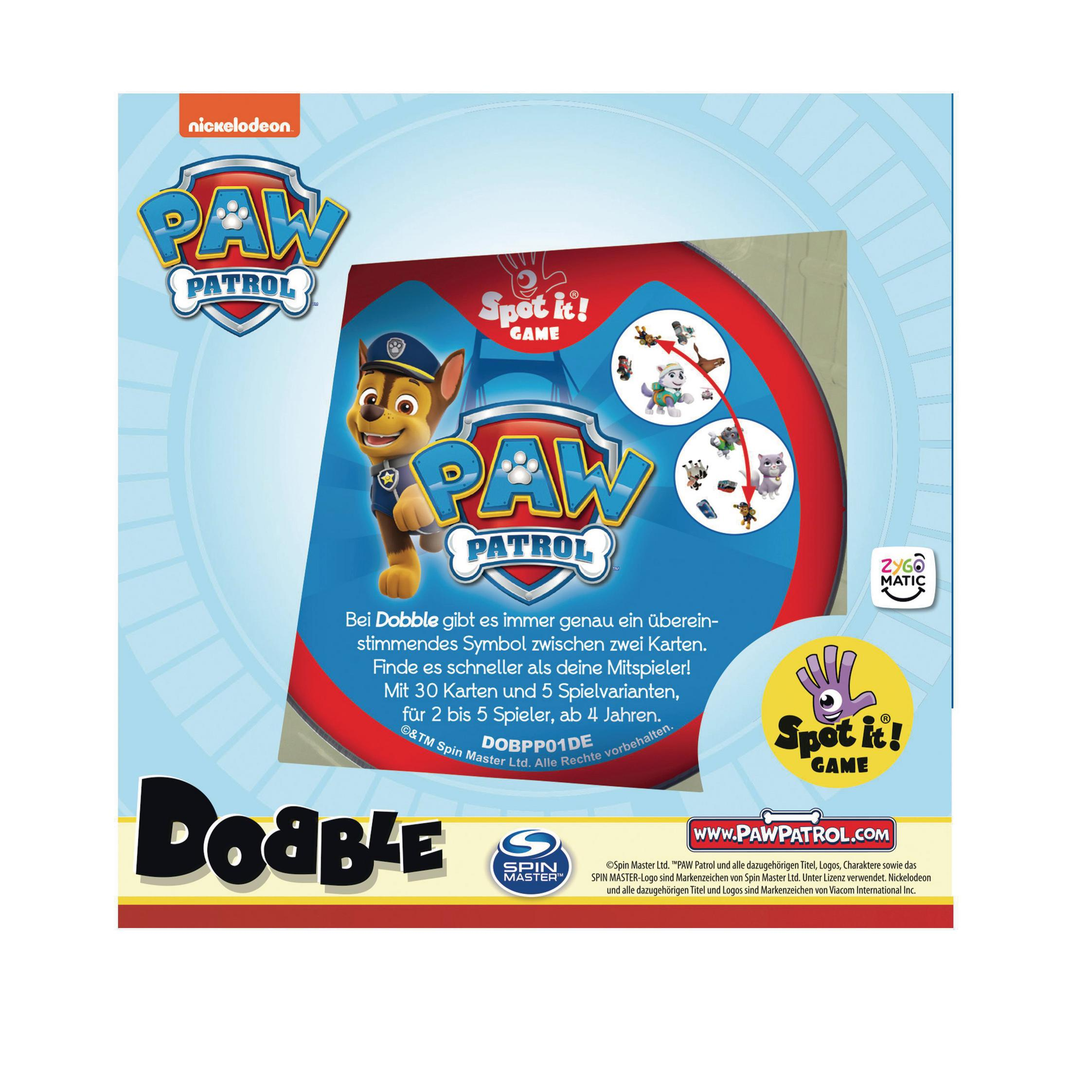 Spielbox von Paw Patrol Dobble Spiel. Die Box hat ein Bild von Chase von Paw Patrol.