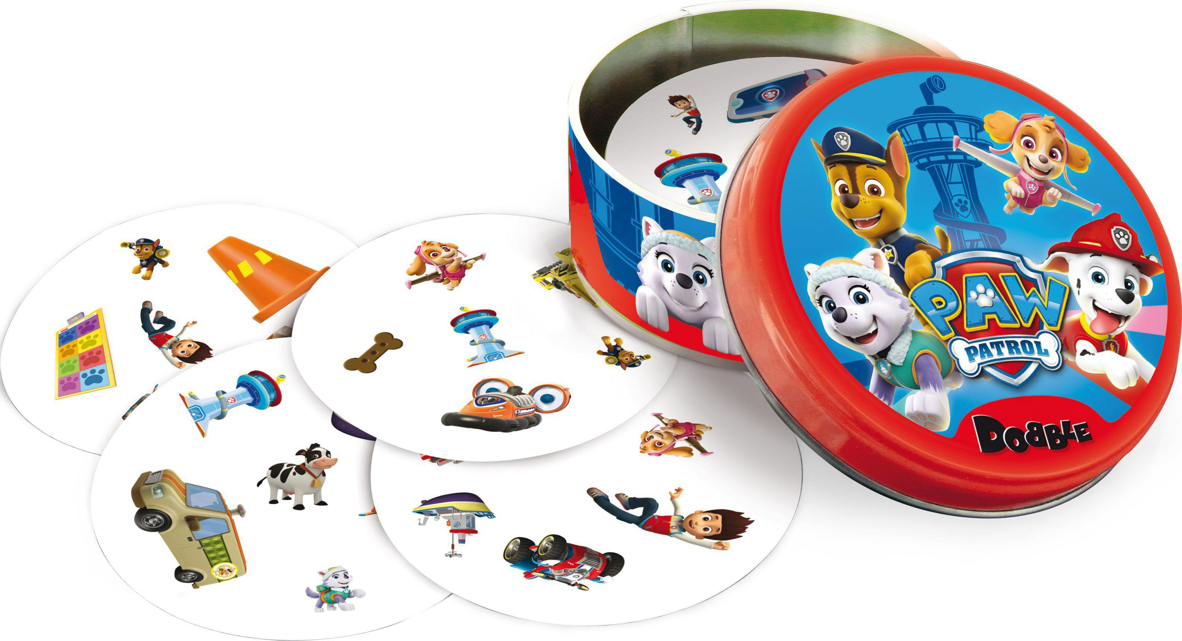 Paw Patrol Spot It Spiel, mit Karten und einem runden Behälter.