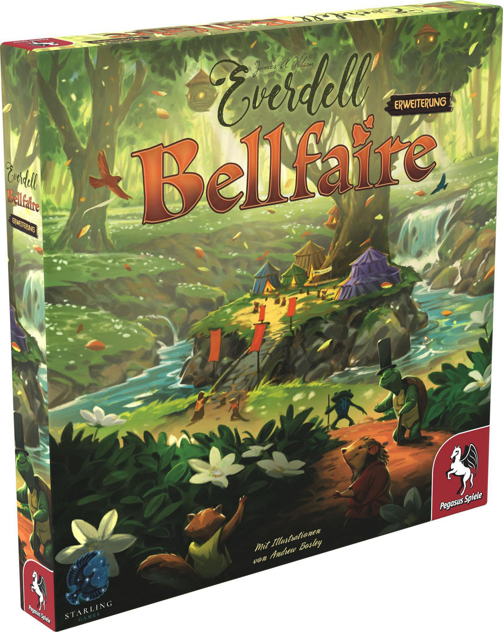 Everdell: Bellfaire Brettspielbox. Die Box zeigt eine Waldszene mit Tieren und einem Wasserfall.