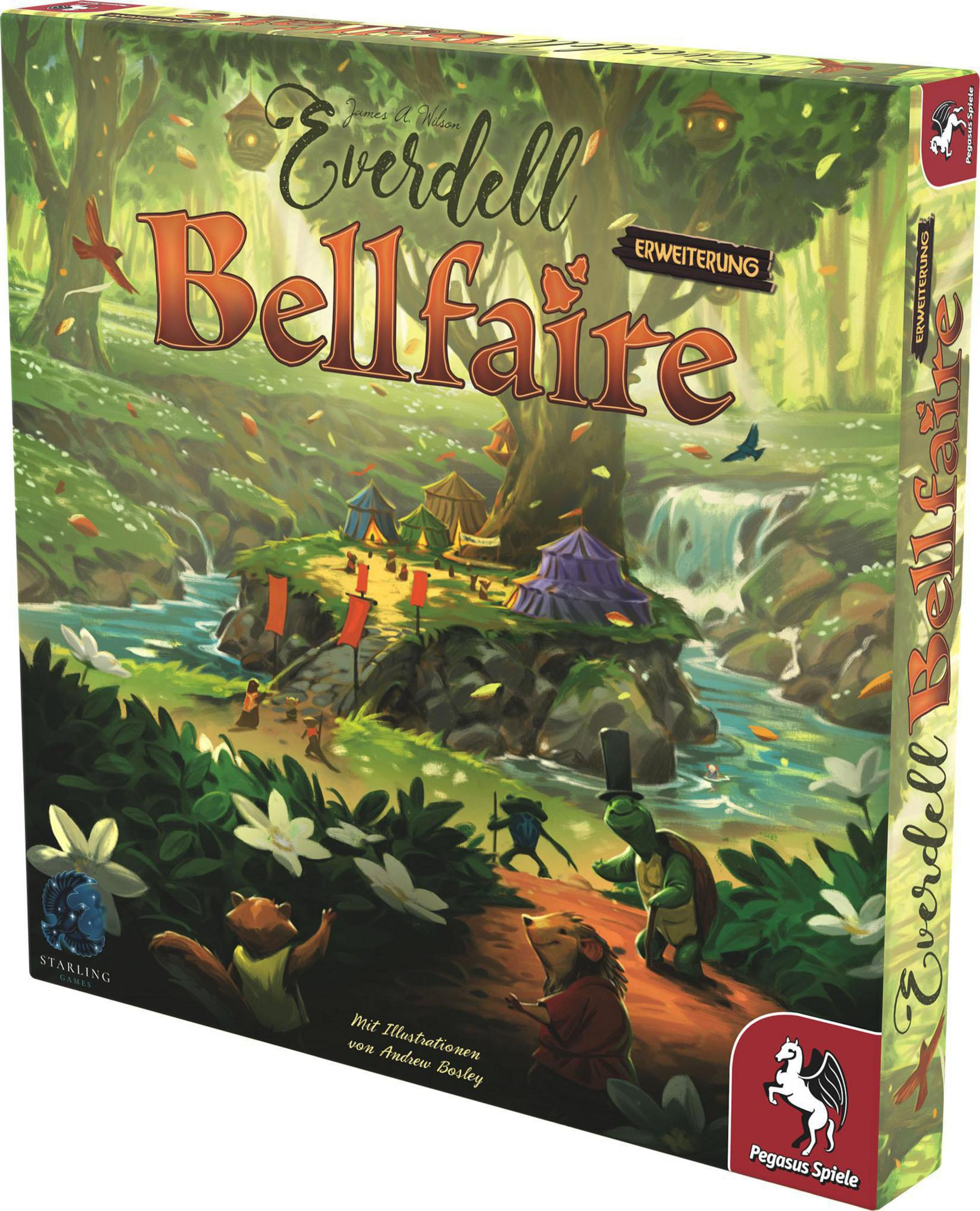 Schachtelkunst von Everdell: Bellfaire. Es zeigt eine Waldszene mit Tieren, Zelten und einem Wasserfall.