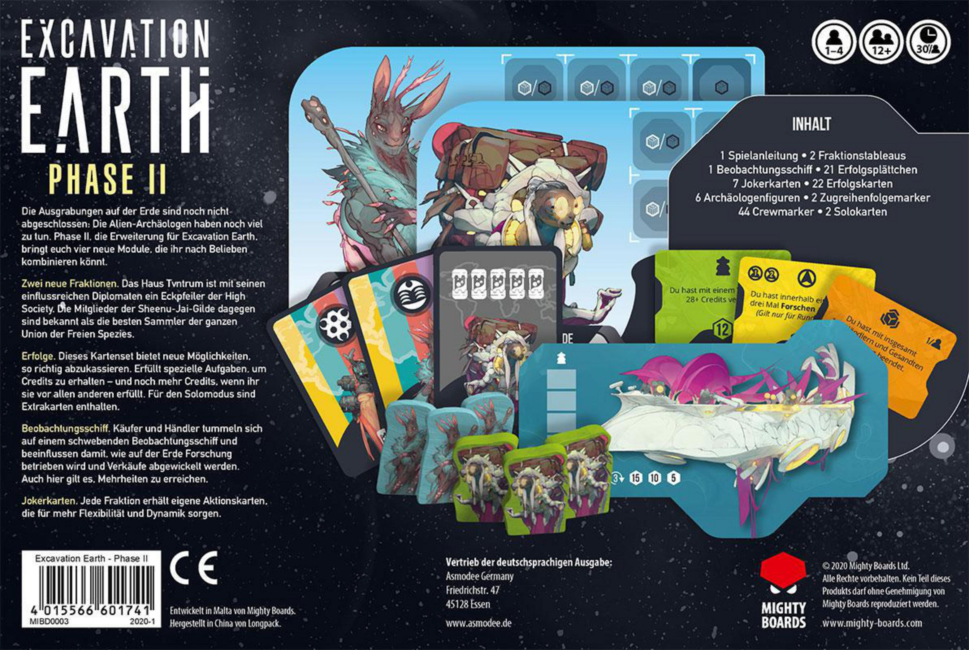 Rückseite der Brettspielbox 'Excavation Earth Phase II' mit Spieldetails.