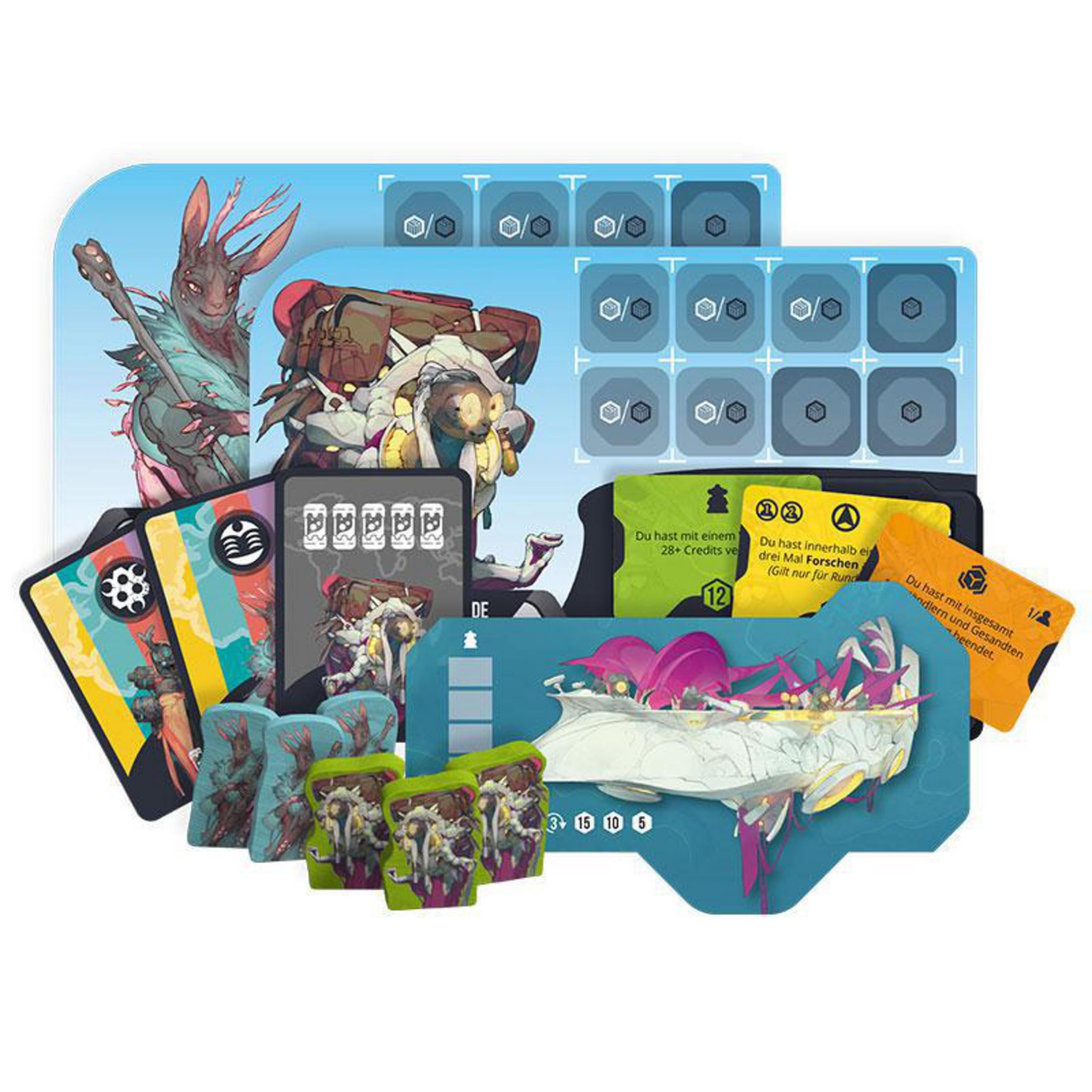 Brettspielkomponenten sind ausgebreitet. Es gibt Karten, Spielsteine und Spielbretter mit Text auf Deutsch.