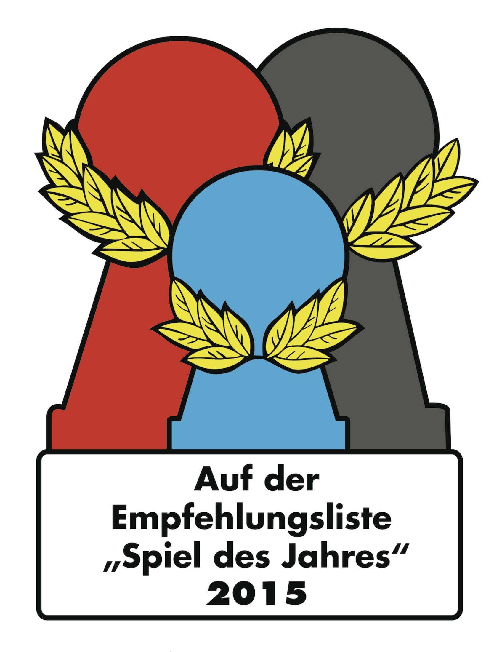 Drei Schlüssellochformen mit Lorbeerkränzen und Banner 'Spiel des Jahres 2015'.