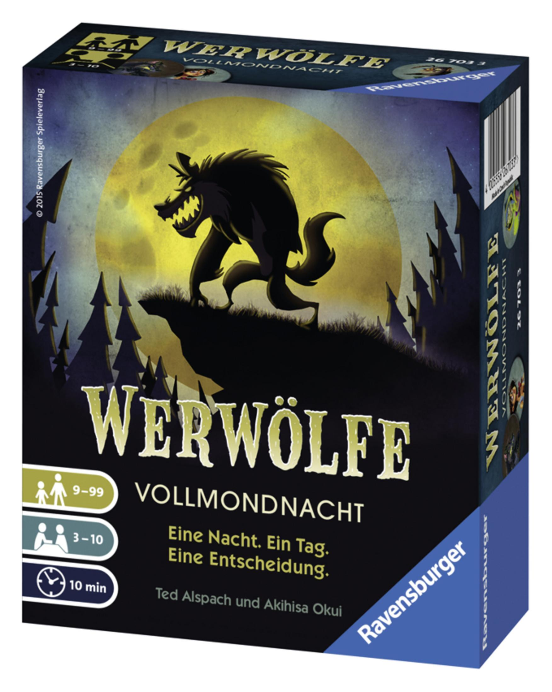 Brettspielbox. Illustration eines Werwolfs und eines Vollmonds. Text in Deutsch.