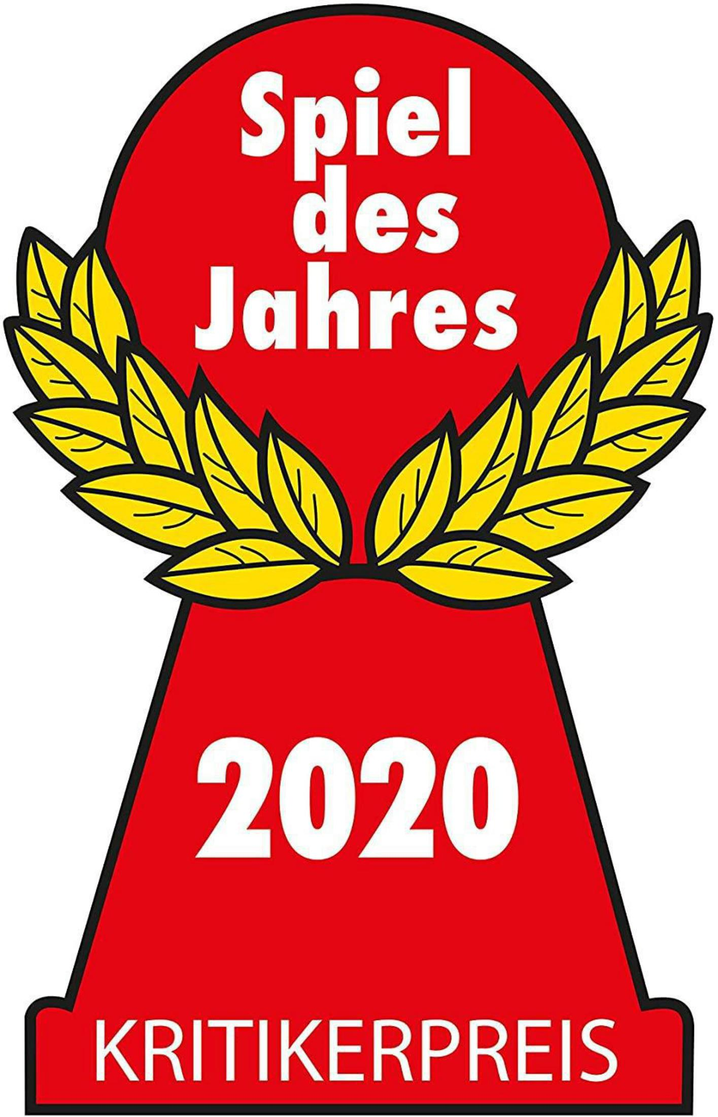Ein rotes und gelbes Logo. Es hat die Worte "Spiel des Jahres 2020" und einen Lorbeerkranz.
