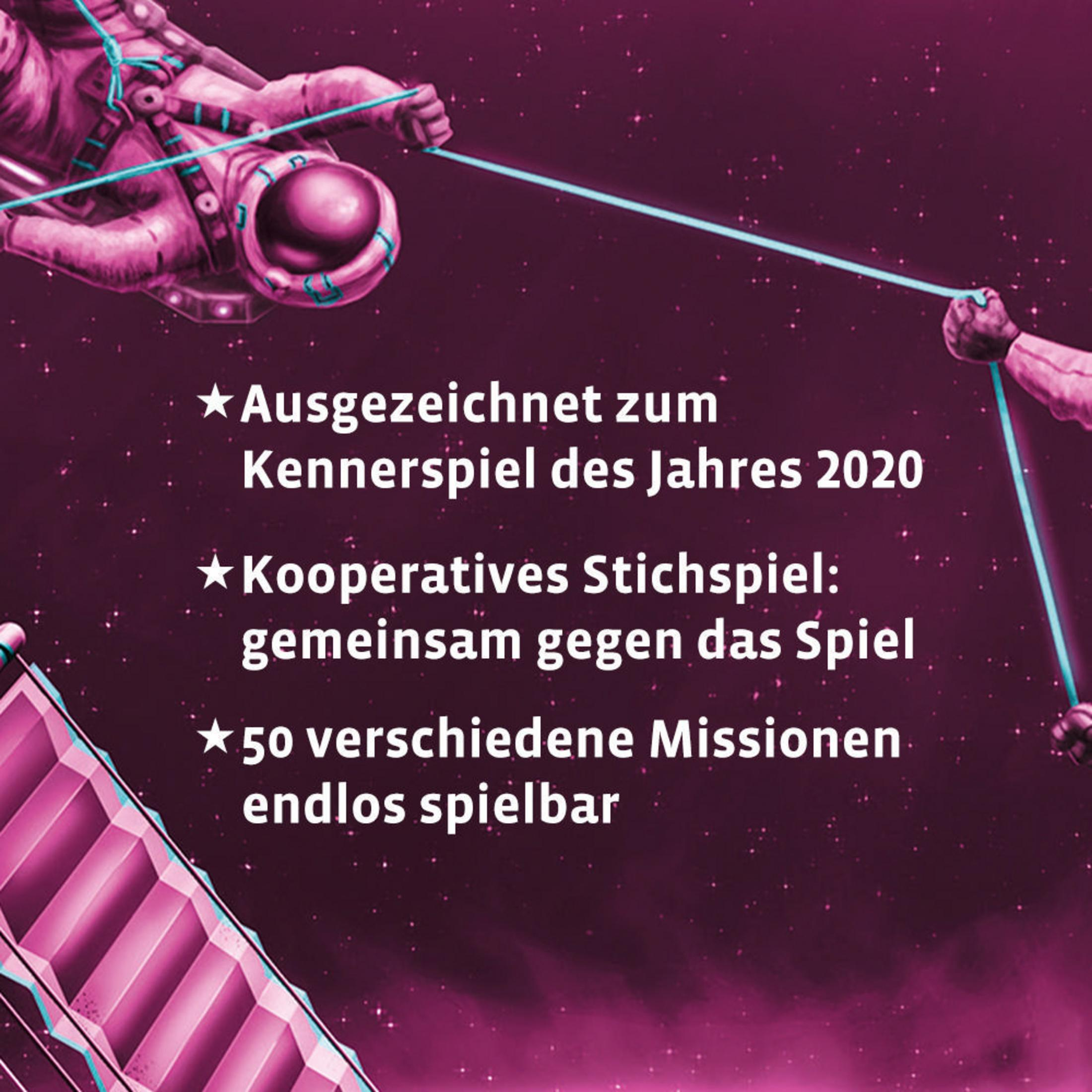 Astronauten im Weltraum, Text: Kennerspiel des Jahres 2020, kooperatives Stichspiel, 50 Missionen.