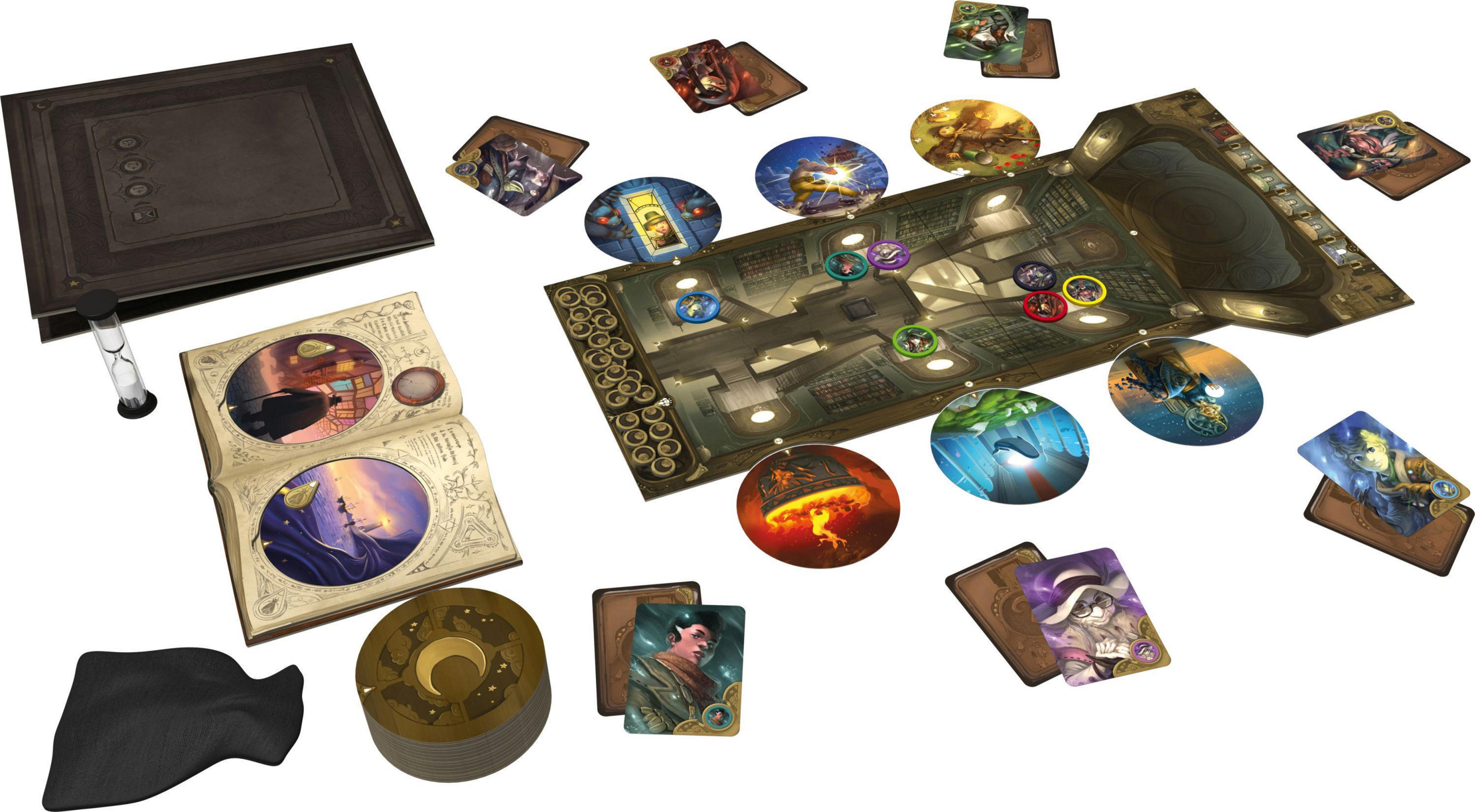 Brettspiel-Setup mit Karten, Spielsteinen und einem Buch. Das Spiel scheint Fantasy-Themen zu haben.