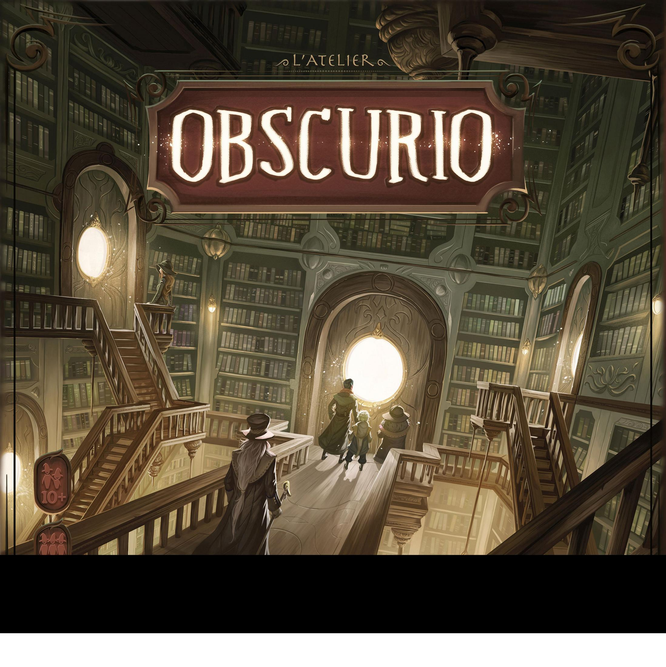 Brettspielbox mit einer gruseligen Bibliotheksszene, Menschen gehen auf Licht zu, Titel Obscurio.