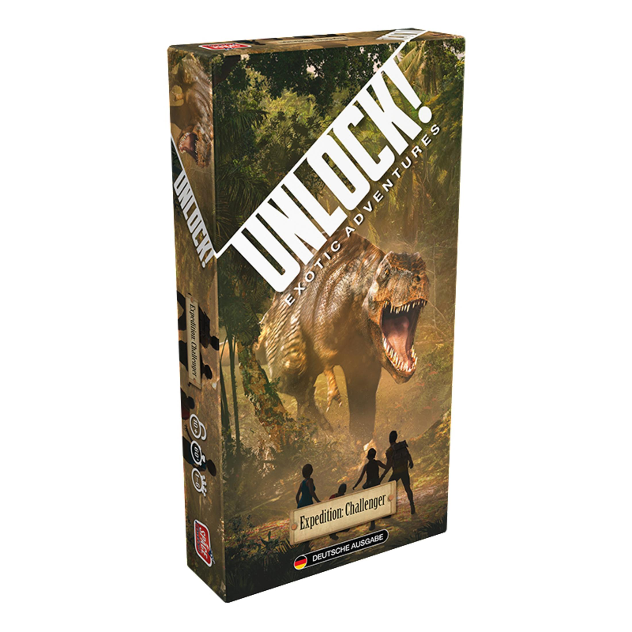 Eine Brettspielbox mit dem Titel 'UNLOCK! Exotic Adventures' mit einer Dinosaurier-Illustration auf der Vorderseite.
