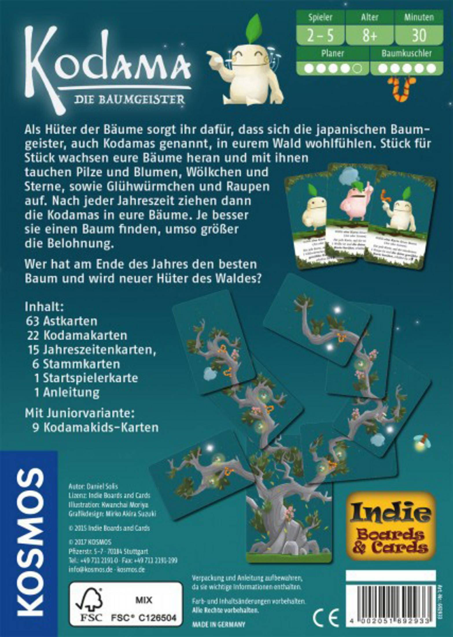 Rückseite einer Brettspielbox. Text und Illustrationen eines Spiels namens Kodama.