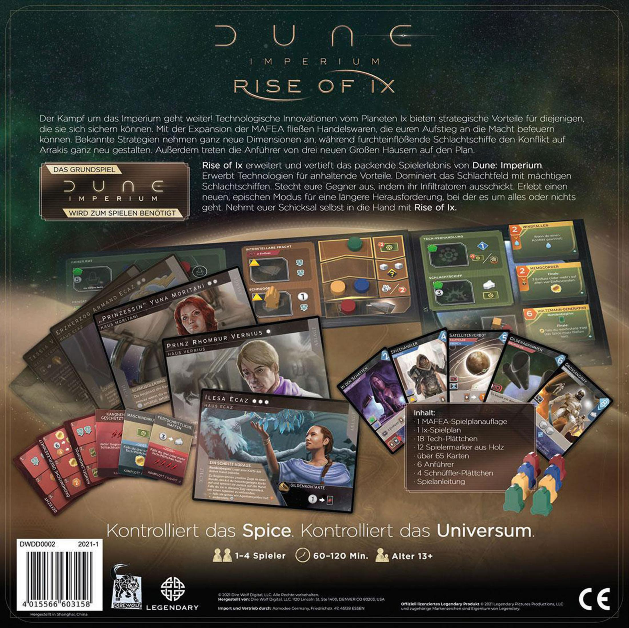 Brettspielbox, Dune: Imperium, mit Karten und Charakteren. Dunkelgrün und braun.