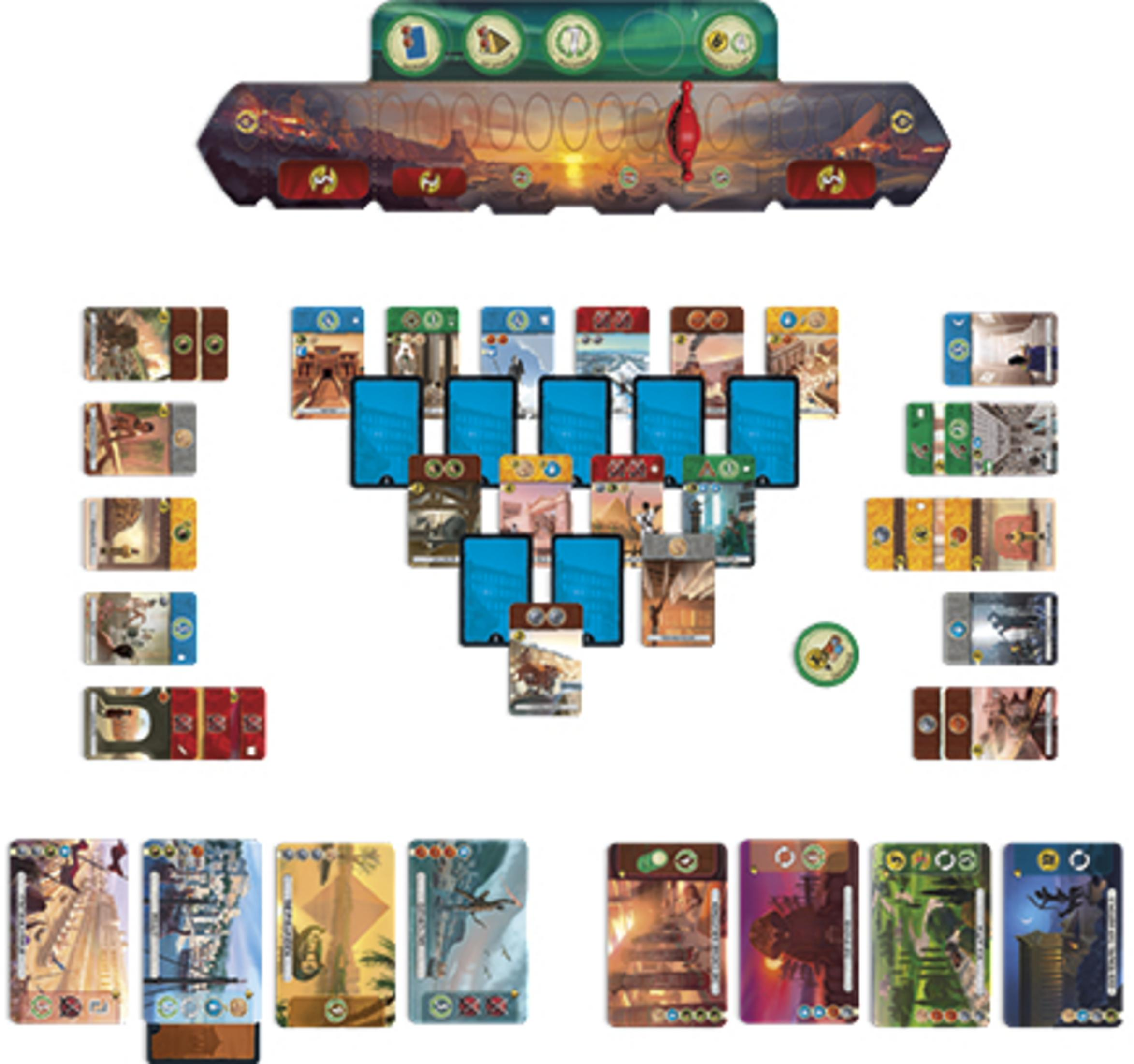 Brettspiel-Layout mit Karten, Spielsteinen und einem Spielplan mit Sonnenuntergang.