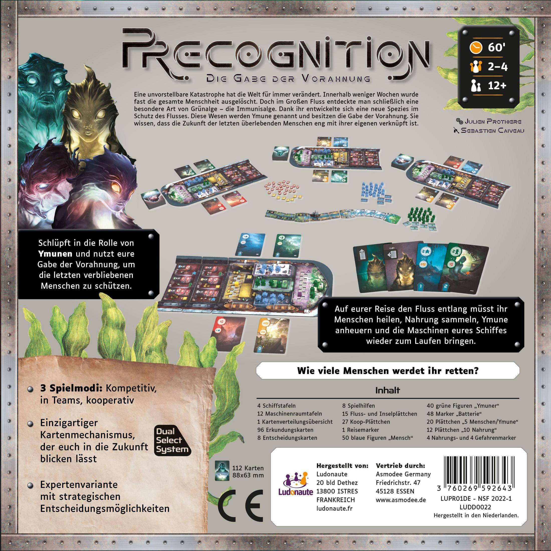 Rückseite der Brettspielbox, Precognition. Es enthält Spieldetails, Charakterkunst und ein Spielbrett.