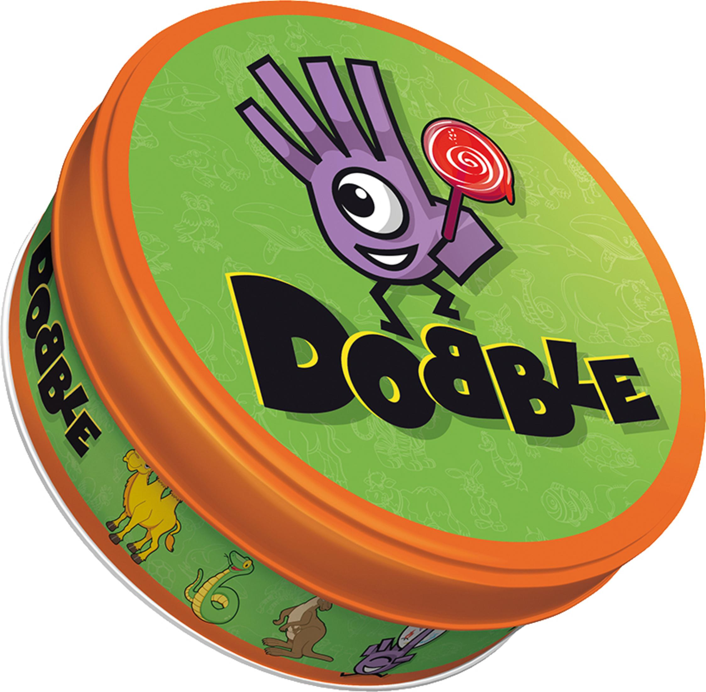 Eine Dobble-Kartenspiel-Dose. Die Dose ist grün mit orangefarbenem Rand und zeigt eine Hand mit einem Lolli.