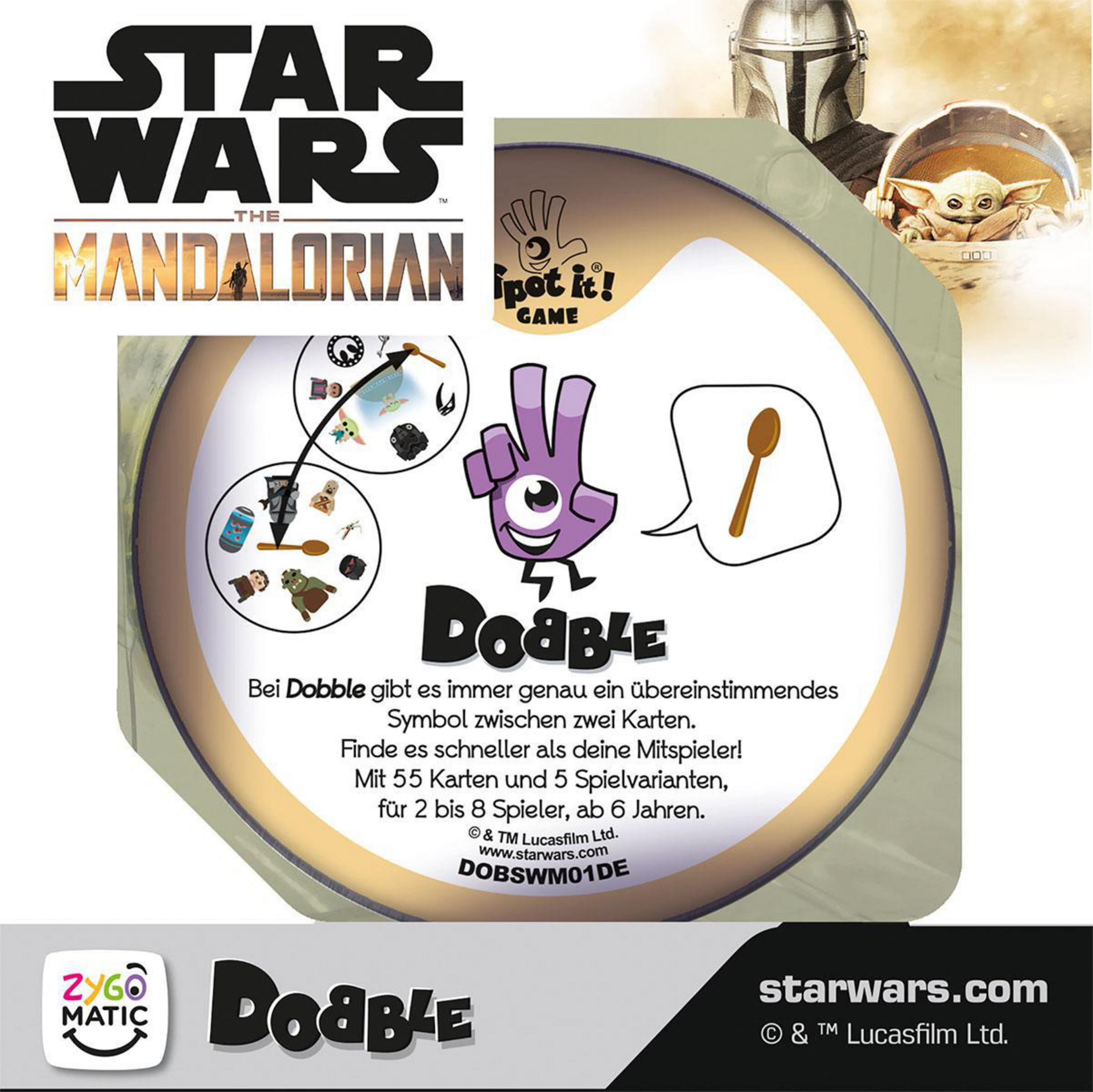 Dobble Star Wars Spiel. Logo mit Star Wars Titel, Karte mit Symbolen und der Mandalorianer.