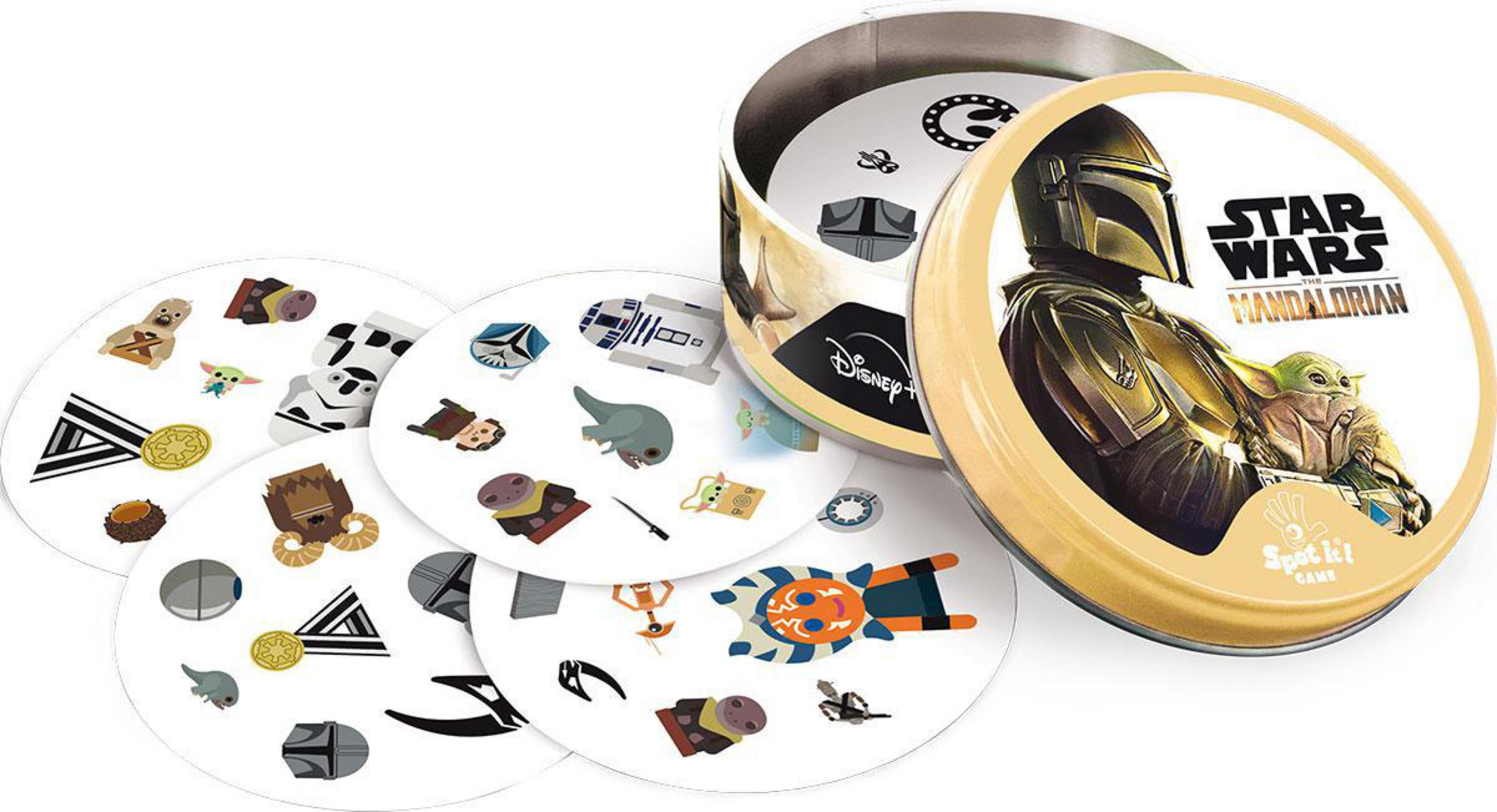 Star Wars Spot It! Spieldose mit Spielkarten, die darum herum verstreut sind.