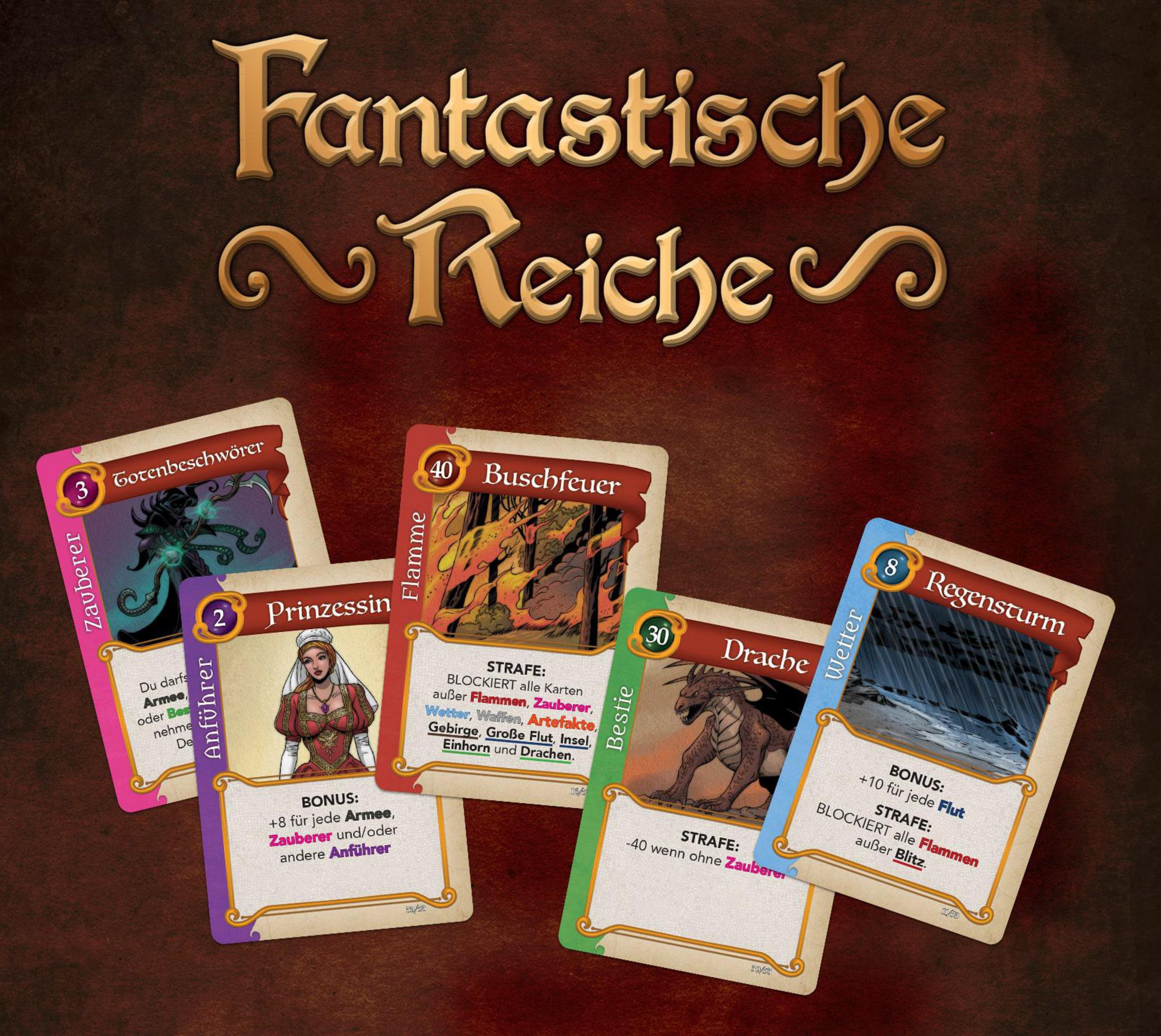 Kartenspiel mit mehreren Karten mit Illustrationen und Text, auf braunem Hintergrund.