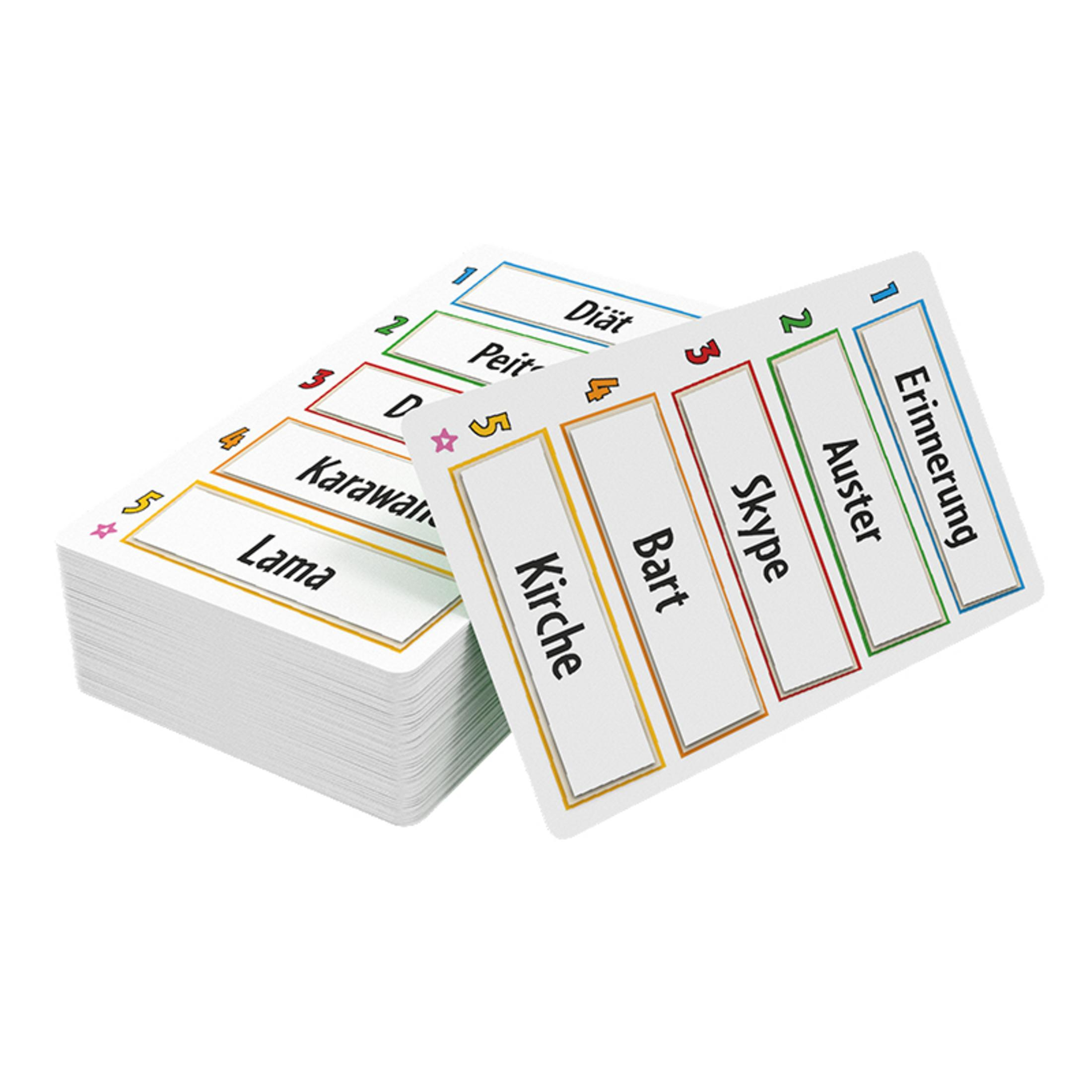 Karty ze słowami i liczbami są ułożone w stos. Kilka kart jest rozłożonych, pokazując słowa takie jak 'Diät' i 'Lama'.