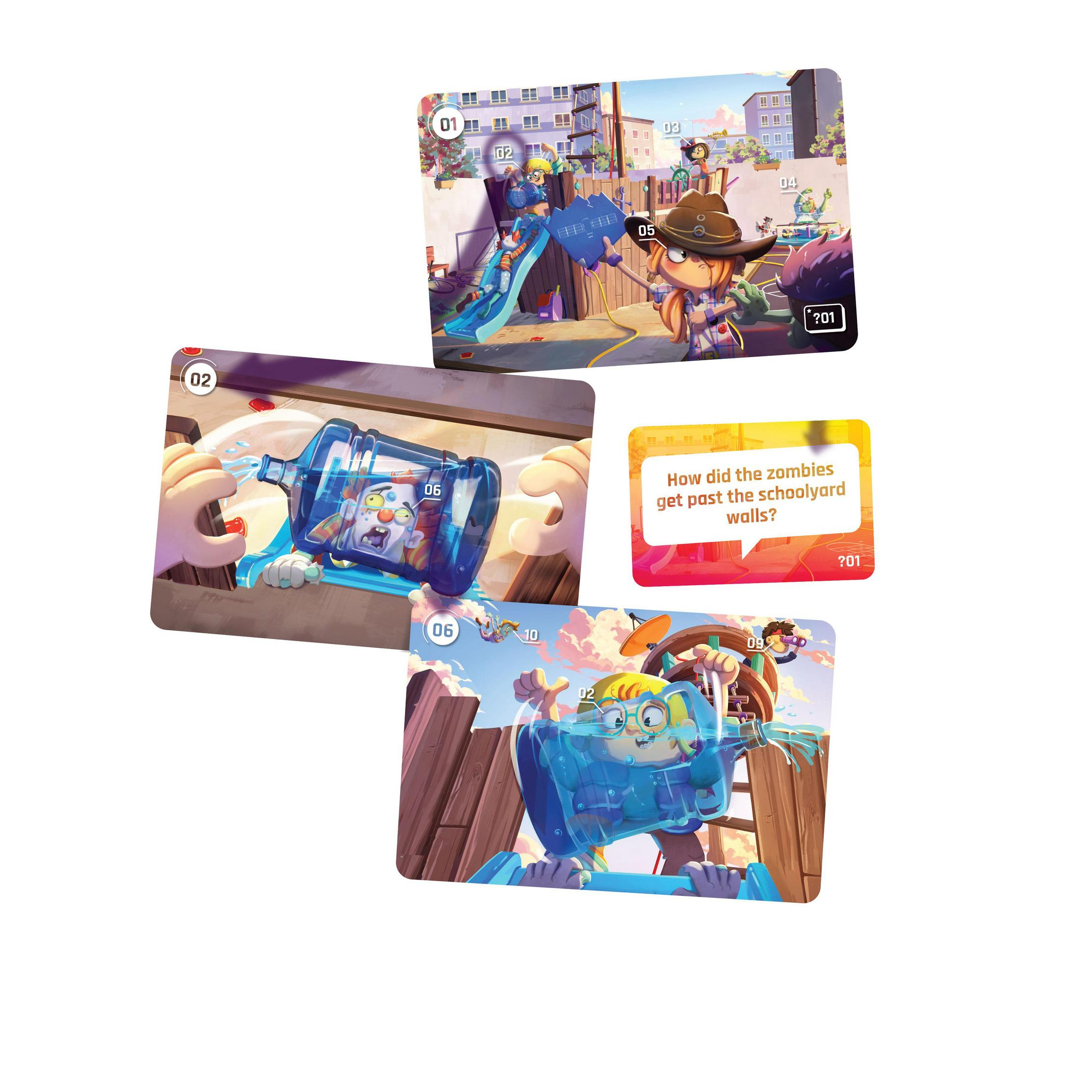 Karty do gry z kreskówkowymi wizerunkami zombie. Przedstawiono różne scenariusze.