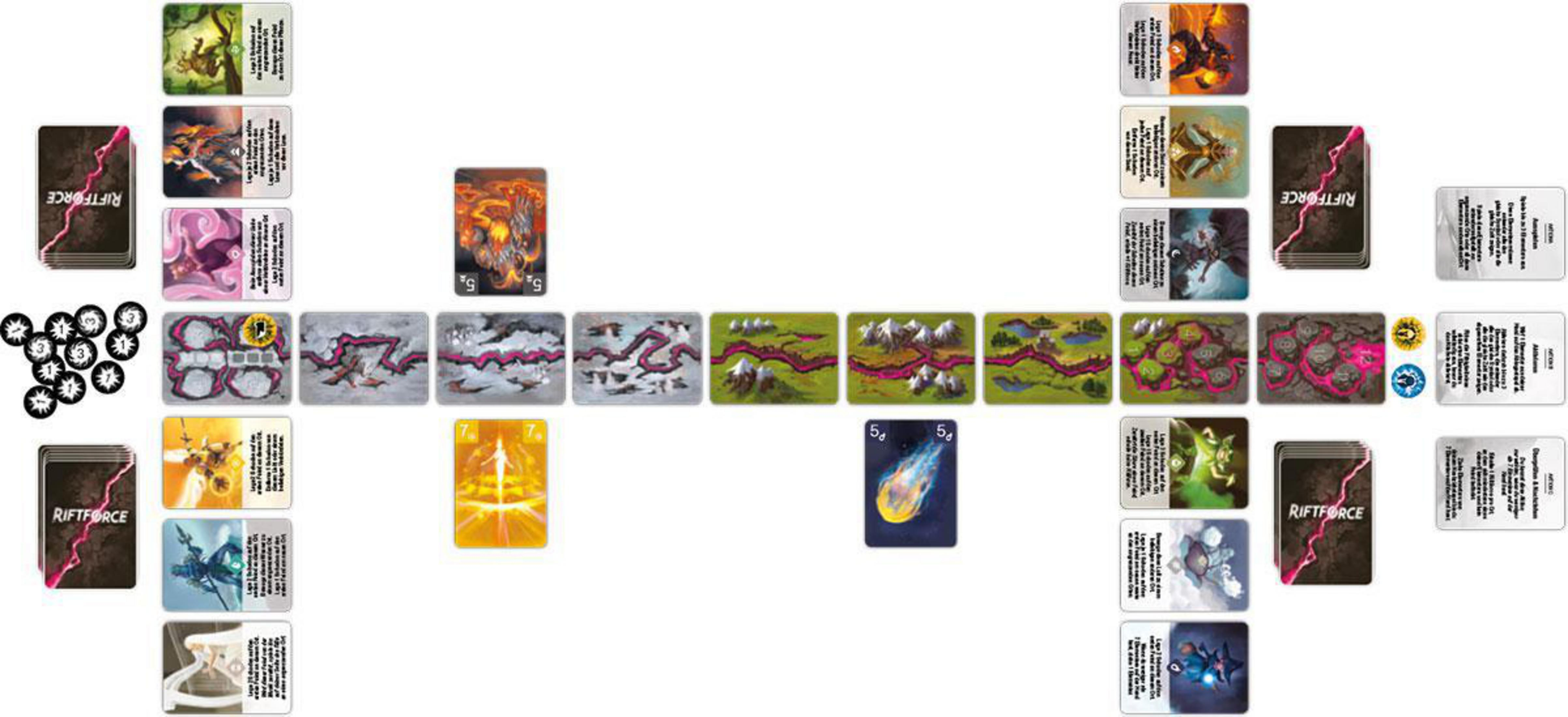 Brettspiel mit Karten, Spielbrett und Spielsteinen auf weißer Oberfläche angeordnet.