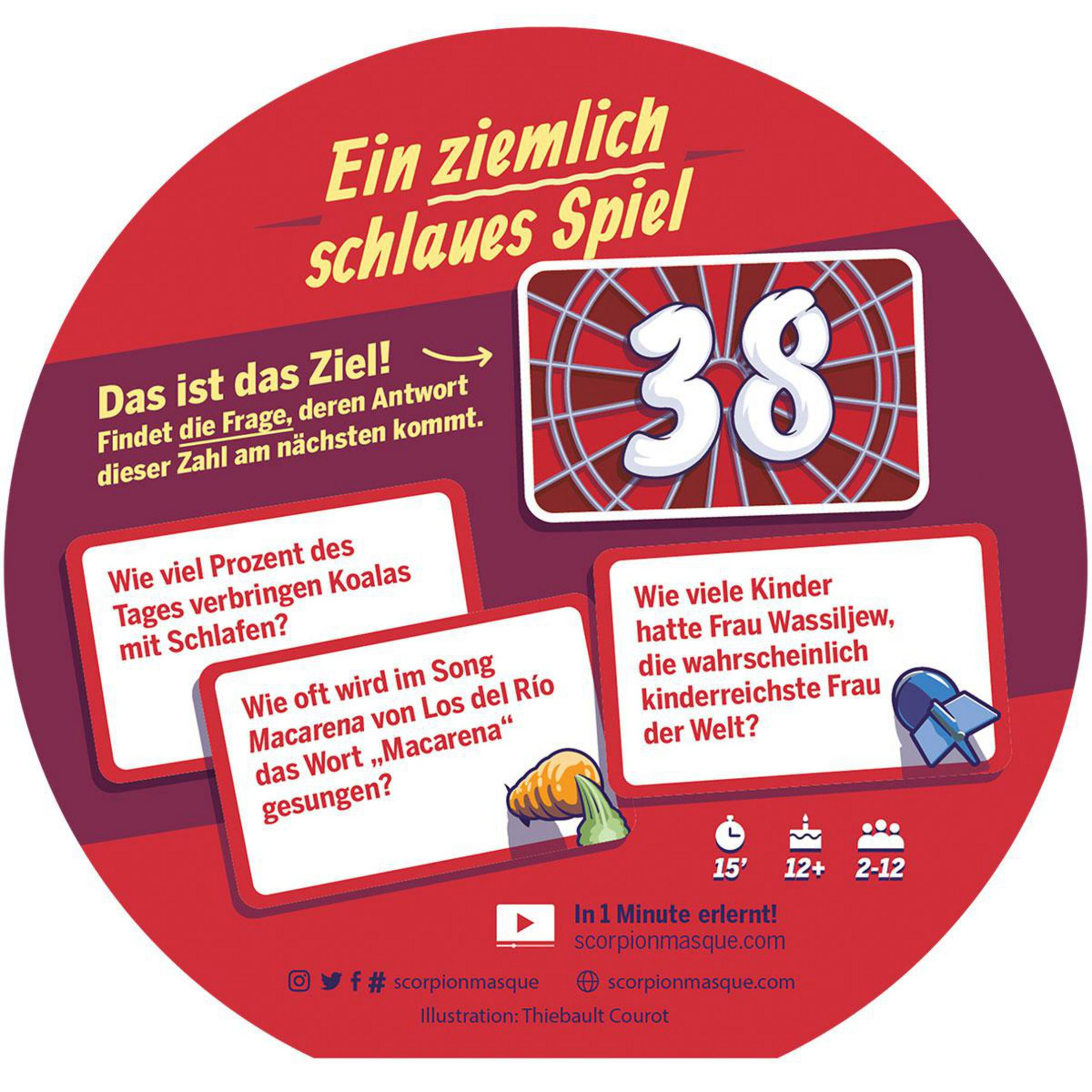 Ein Spiel mit Fragen und einem Timer. Kreisförmiges Design mit Text und Zahlen.
