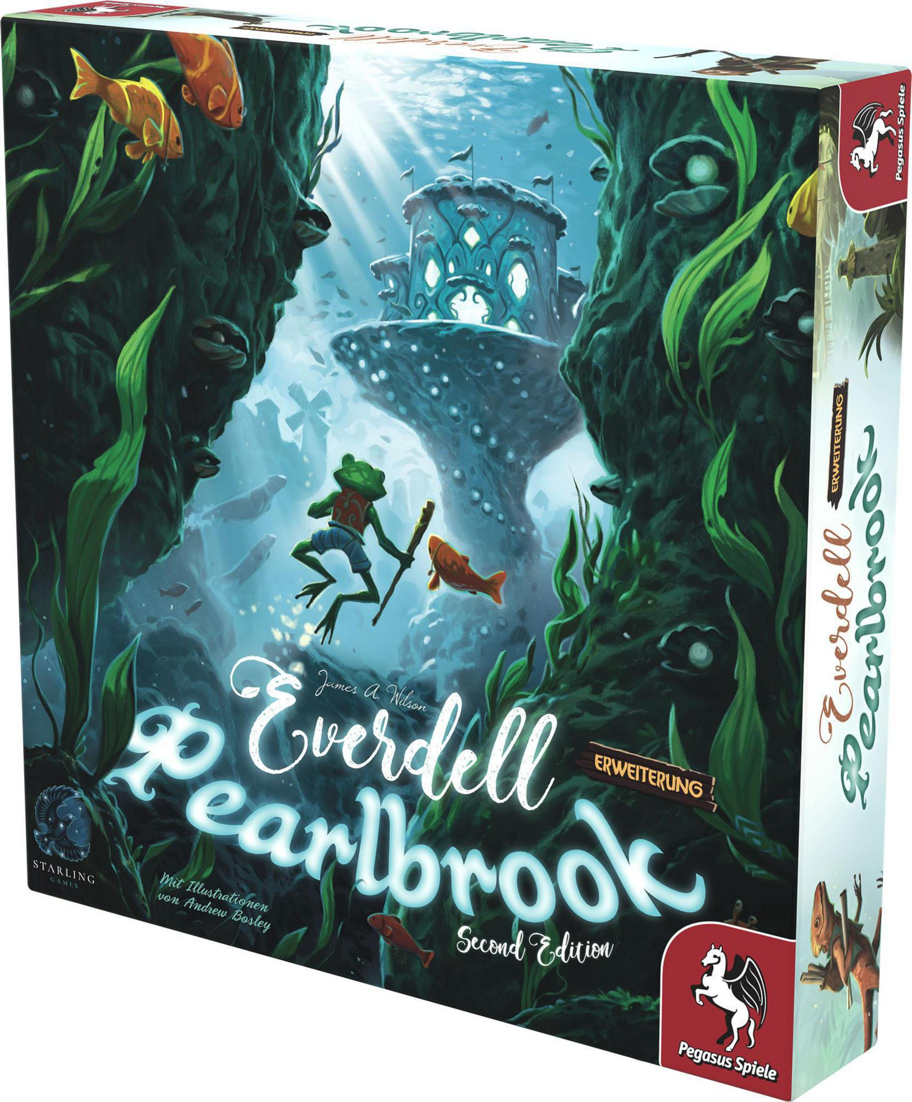 Spielbox mit dem Titel 'Everdell Pearlbrook'. Ein Frosch hält einen Stock in einer Unterwasserszene mit einer Stadt im Hintergrund.