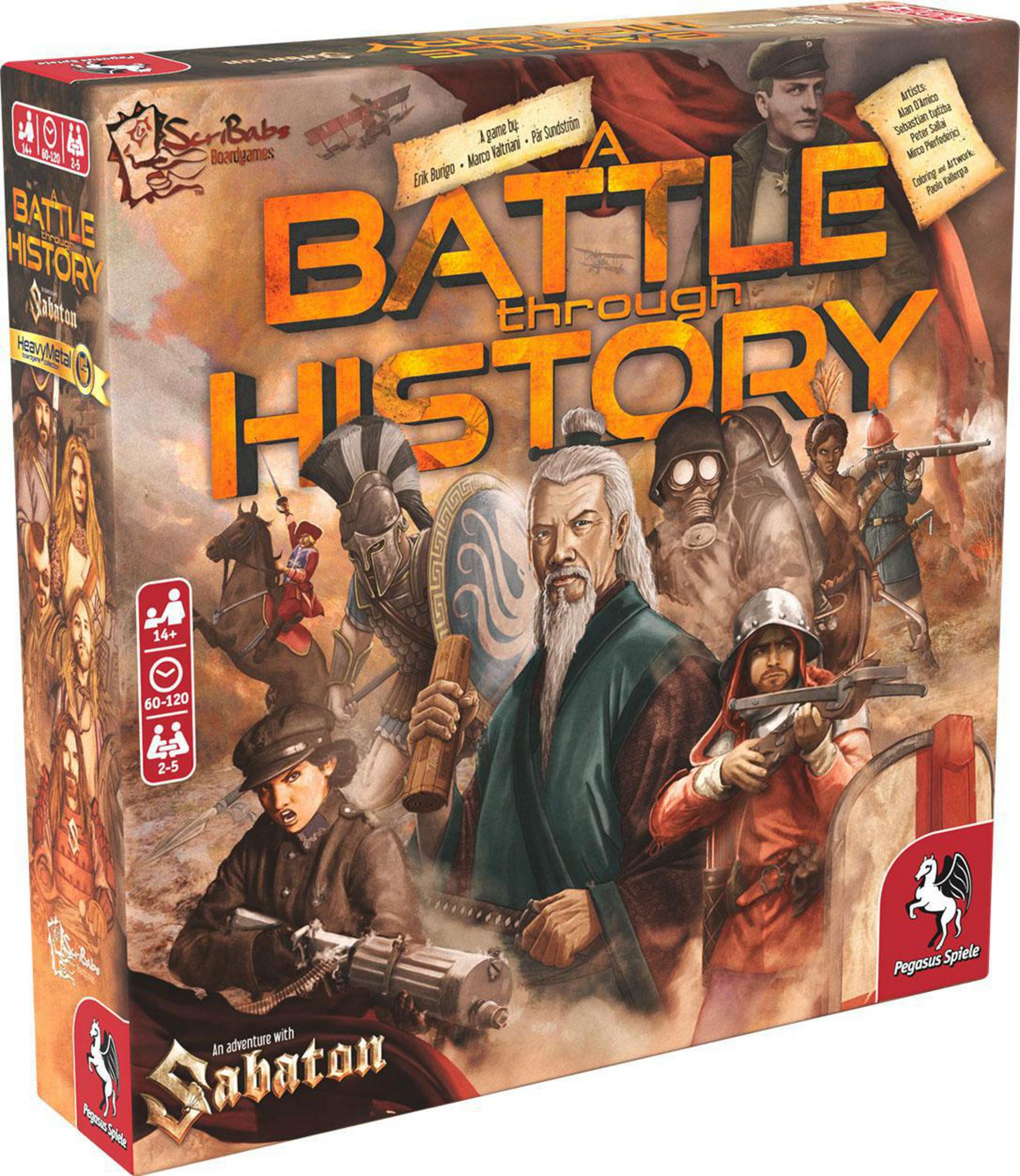Eine Brettspielbox mit Illustrationen historischer Figuren und militärischer Elemente, in dynamischer Komposition.