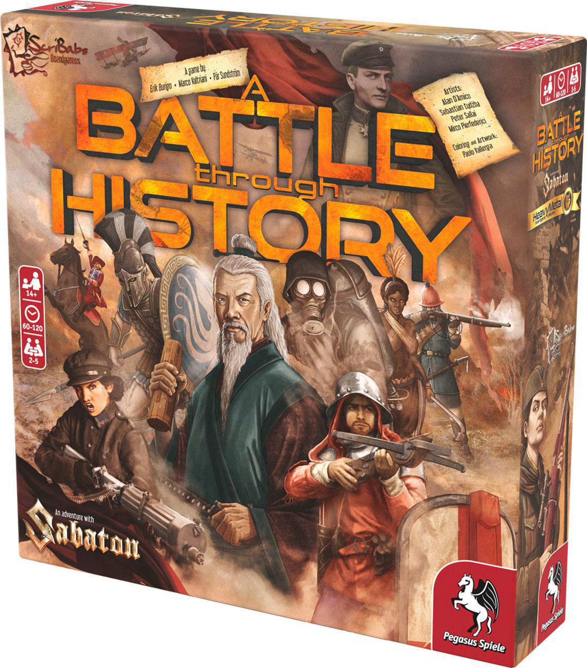 Eine Brettspielbox mit dem Titel 'A Battle Through History' mit Illustrationen historischer Figuren und Schlachten.