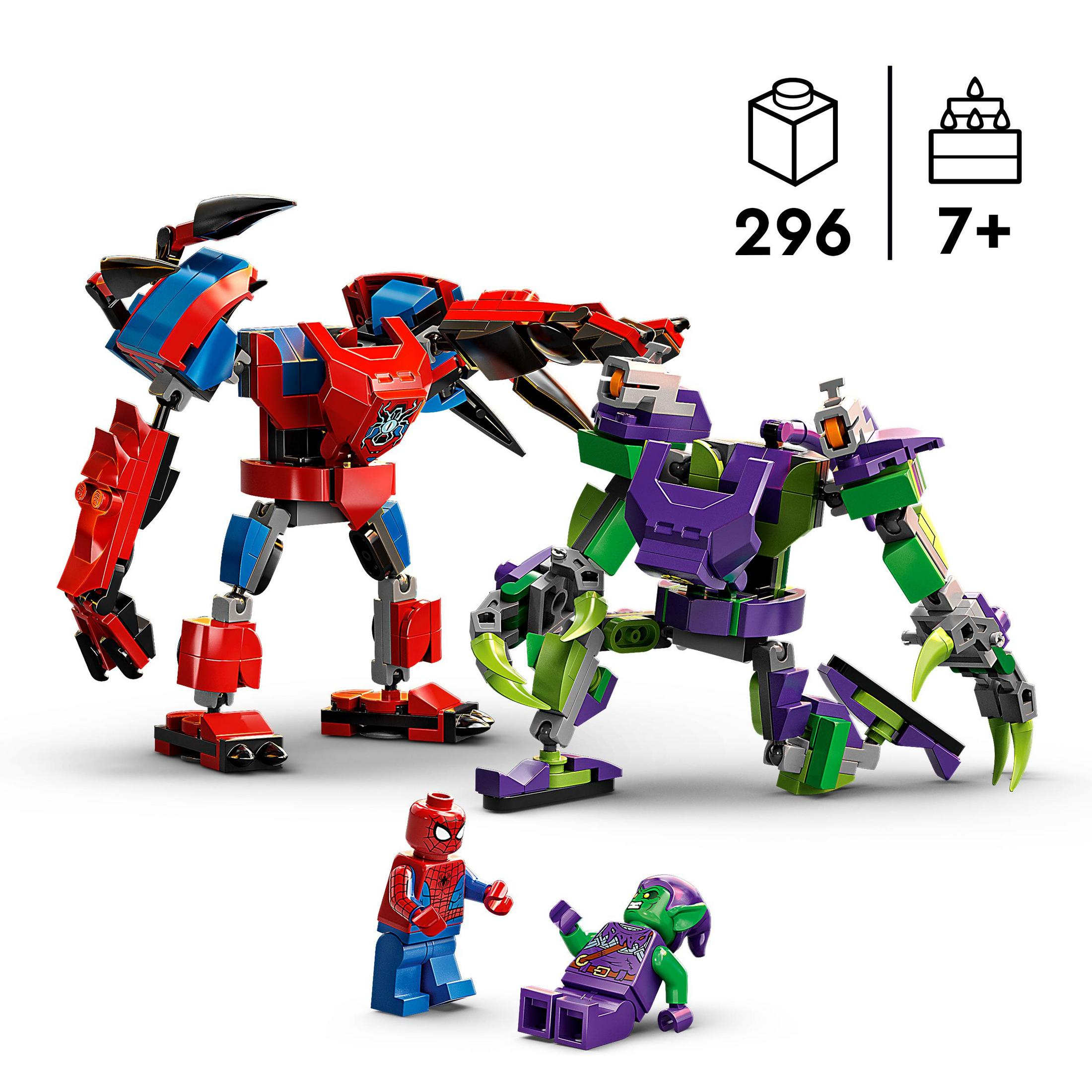Lego Örümcek Adam ve Yeşil Goblin mecleri ve minifigürleri. Tuğla sayısı ve yaş aralığı içerir.