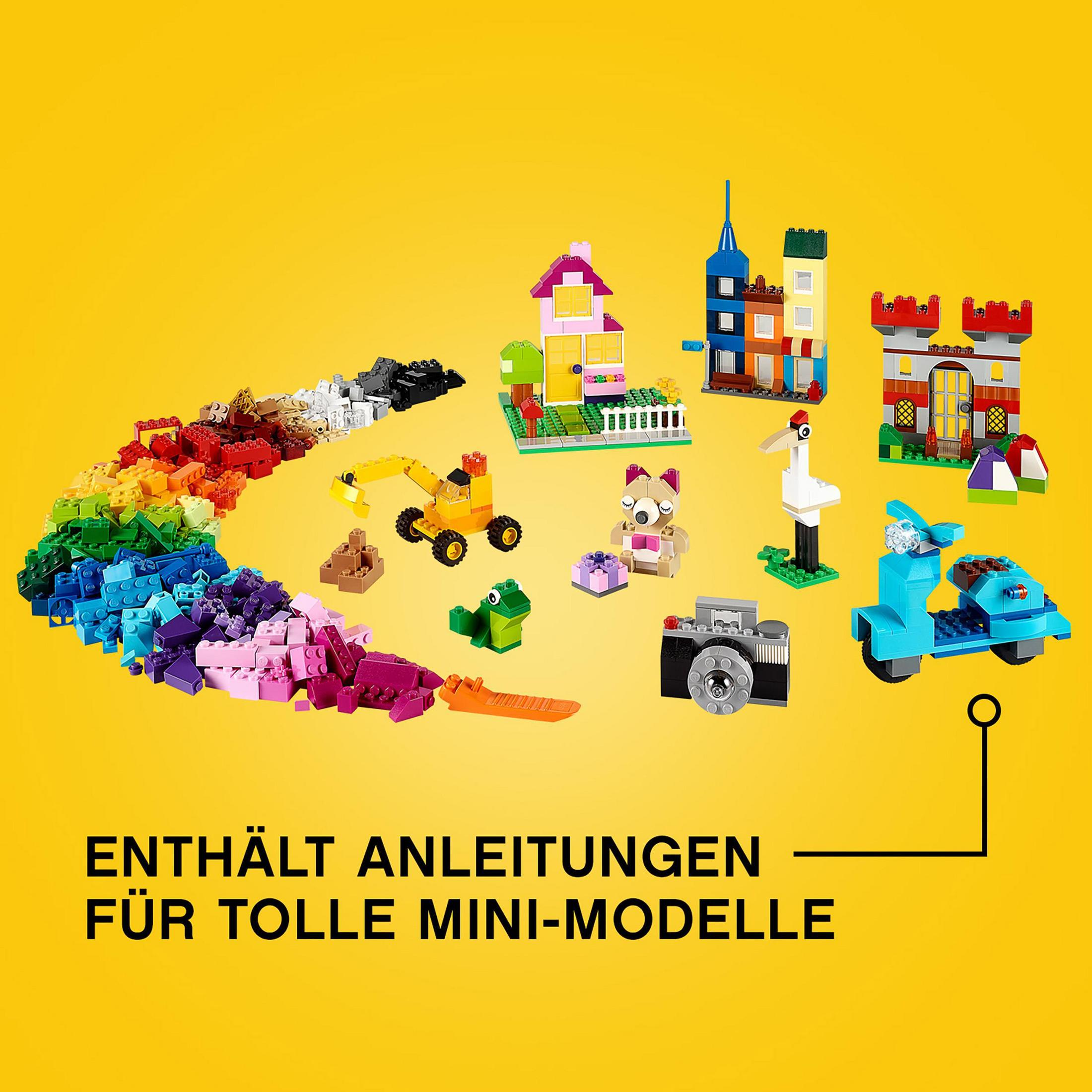 Kleurrijke Lego set op gele achtergrond met diverse modellen en tekst.