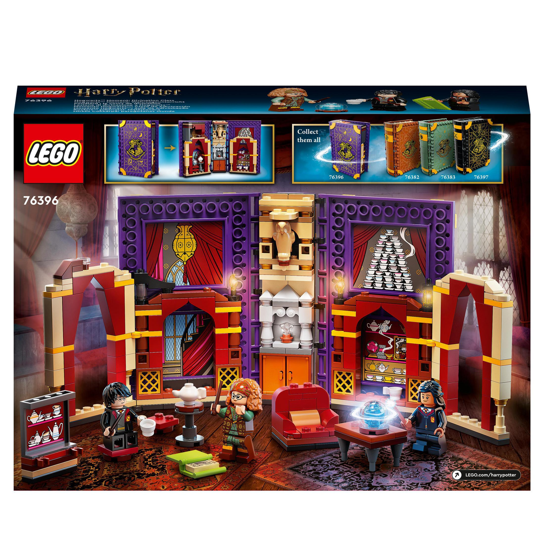 Lego Harry Potter Set: Figuren, Gebäude und Requisiten in einer detaillierten Szene mit roten und violetten Akzenten.