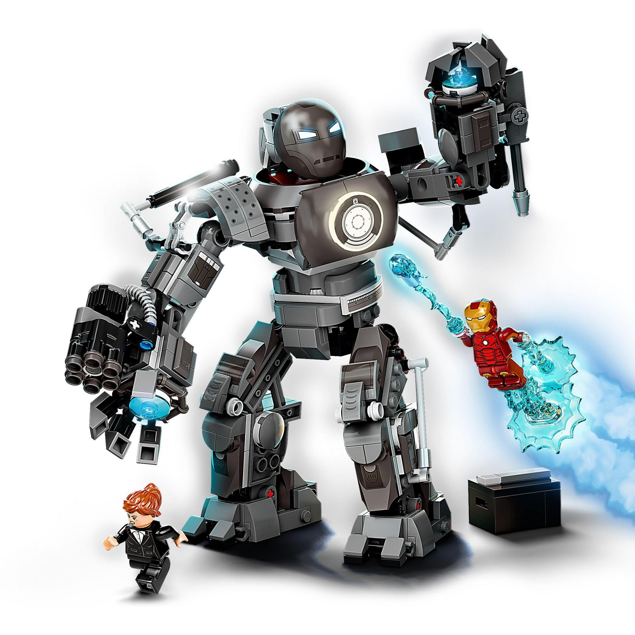 Set Lego di Iron Man. Figura gigante di Iron Man con mini figure di Iron Man e un uomo in giacca e cravatta.